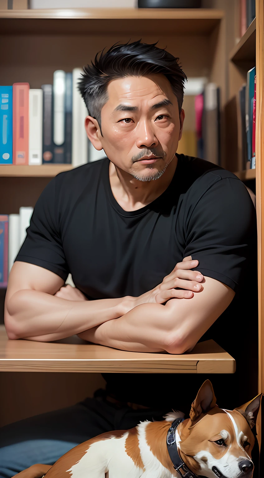 An Asian man, man in his 40s, slightly gray hair, brown eyes, black shirt, sitting in front of a bookcase, holding a dog beside him, 50mm lens portrait, 50mm portrait , old man 50 years old, photo of man, photo taken with sony a7r, portrait shot 8k, taken with sony alpha 1 camera