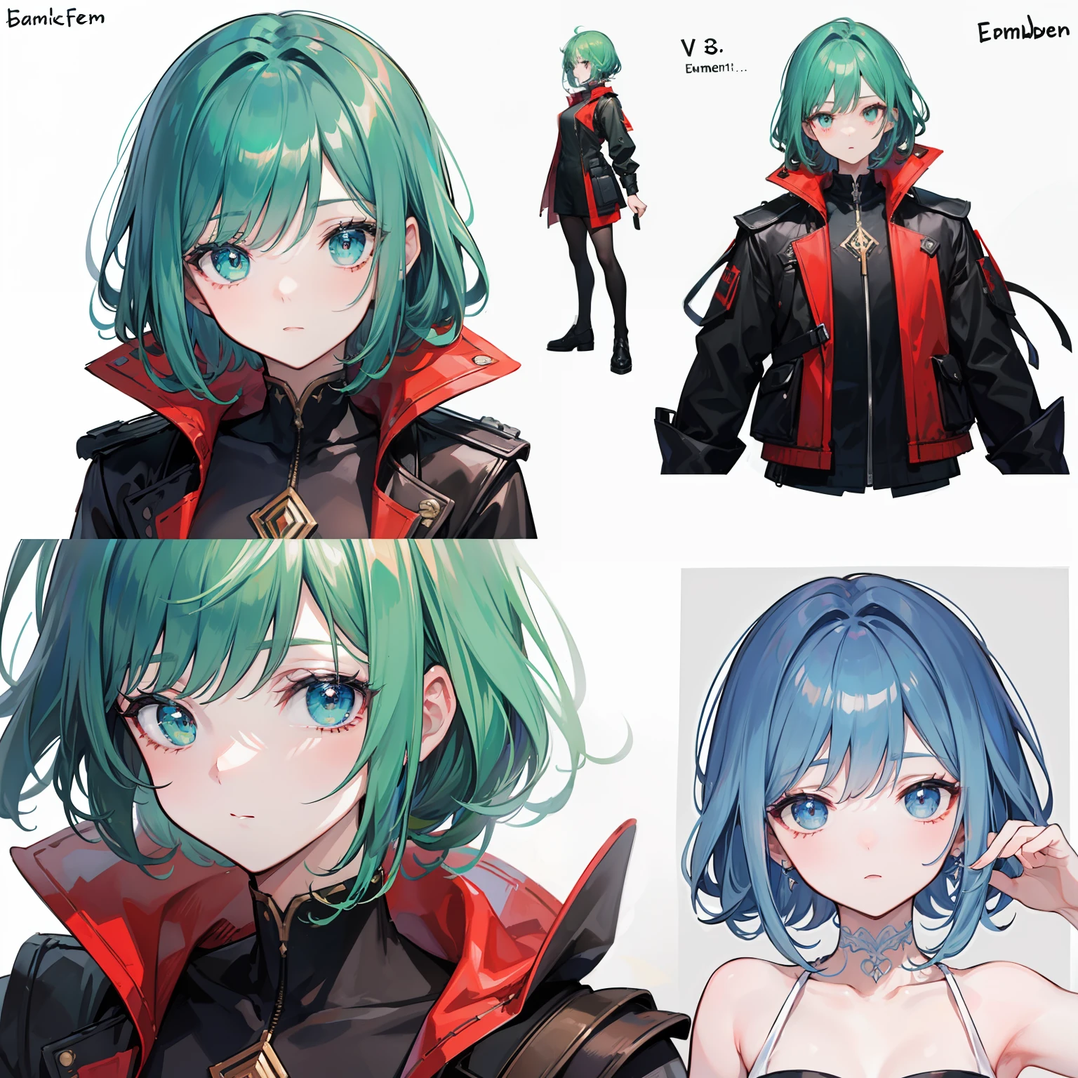 ((masterpiece)),(((best quality))),（character design sheet,Same role,frontage,Lateral face,on  back),illustration,1 boy，Hair color,By bangs,Eyes,The environment changes,Dark green hair，Pose Zi too，ember，Blackn clothes，high definition detail，charturnbetalora，（simplebackground，white backgrounid：1.3），--6
