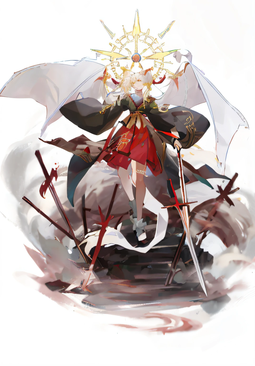 Against the background of a starry sky，The face of the anime character Rin Tosaka，A union of people and people，anime style like fate，The red and black hanfu has a gold thread outline，touhou character，Stand on a whirlpool of swords and yellow sand --auto