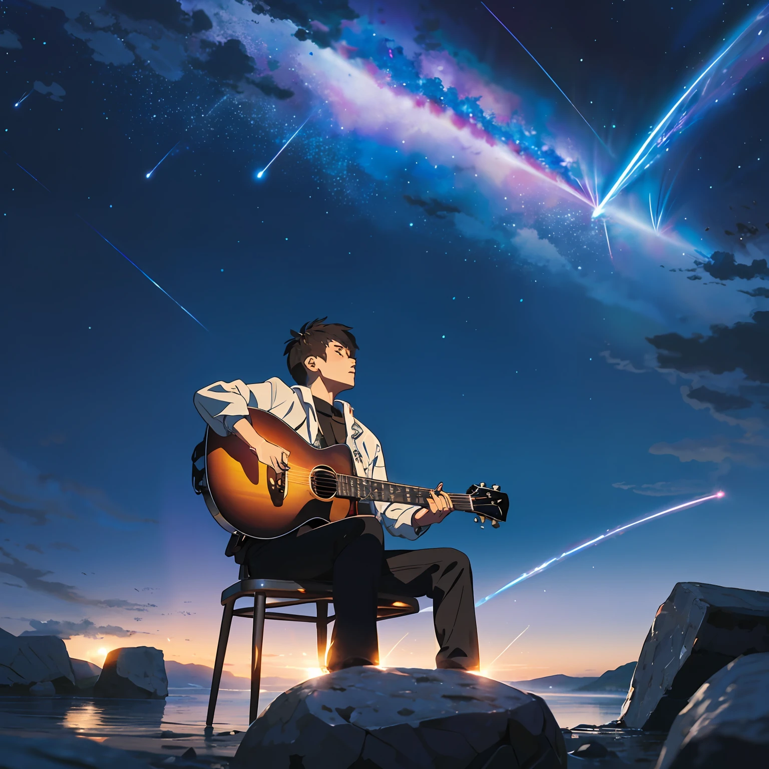 (high quality:1.2, gorgeous starscape, magnificent meteor shower)More mature boys sit on the Starry Sky Stone,Hand play Yamaha FG830 guitar,Savor the wonderful interplay of starlight and shooting stars,He was so close to the stars,Everything becomes small。 --auto