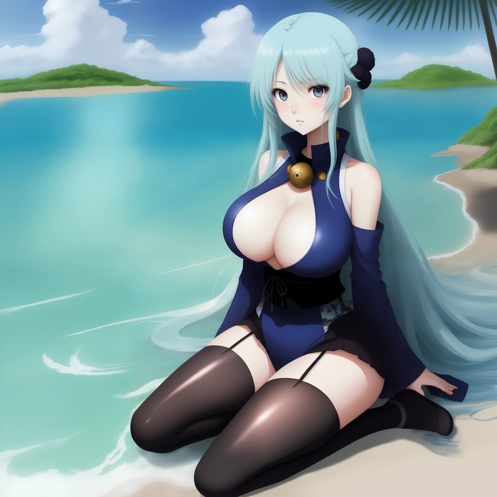 Japanese anime and manga style,Bigboobs, Clear sky, largeeyes, long whitr hair,blue hairs,Dead reservoir water,beachside,Black translucent stockings