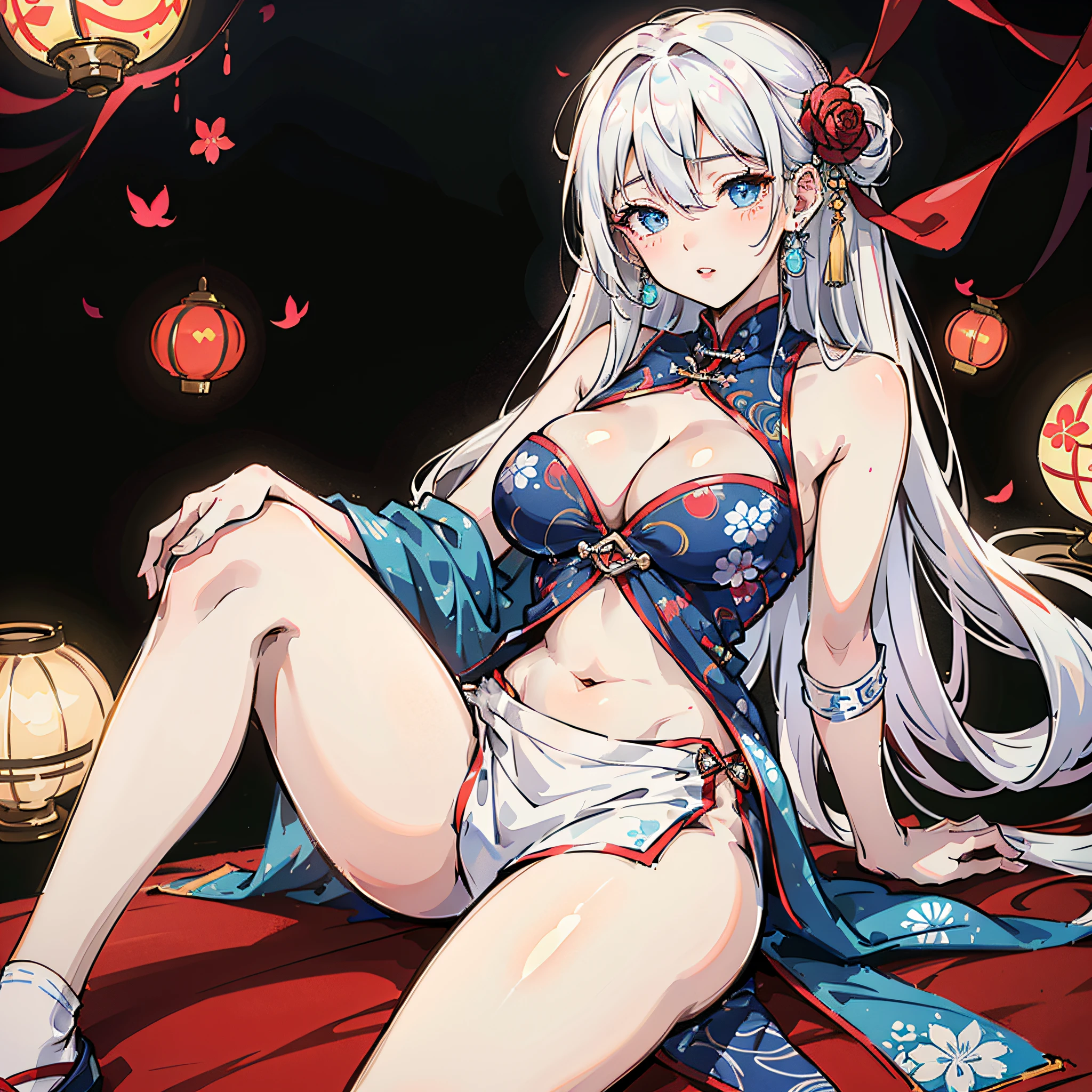 single，long hair，tall image，looking at viewer，blush，fringe，highres，blue eyes，light erotic，white hair，simple background，hair between eyes，sitting，cleavage，traditional clothes，parted lips，arm up，arm support，floral print，covered navel，chinese clothes，arm behind head，cleavage cutout --auto