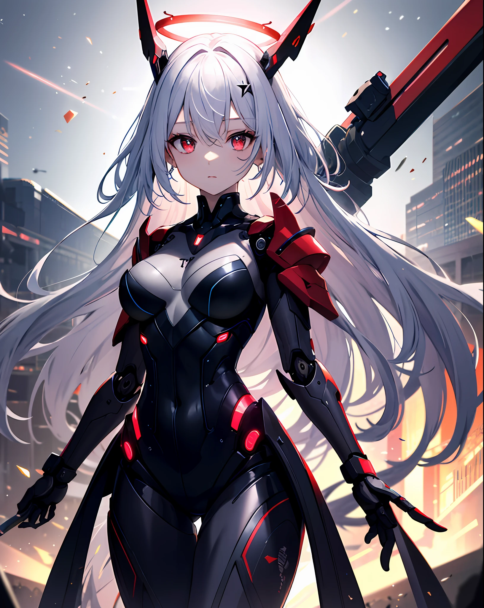 tmasterpiece,best qualtiy,ultra - detailed,very detailed illustration,The is very detailed,Complicated details,A high resolution,super complex detail,Very detailed 8k CG wallpaper,cowboy lens,Caustics,Reflectors,Ray traching,Demon Theme,Starcloud,darkness aura,cyber effect,(1girl:1.4),solo,alone,mecha musume,mechanical parts,robot joints,single mechanical arm,headgear,mechanical halo,star halo,electric mechanical bodysuit,mecha corset,kimono,full armor,very long hair,white hair , Hair between both eyes, Colorful hair, Colored inner hair, Red eyes, glowing light eyes, Eye trajectories, Random expressions, Random actions, Ancient Japanese architecture, ponds, starrysky, skylines,(Best quality at best,tmasterpiece),1girl,galaxias,glitters,shift dresses,校服,ventania,The upper part of the body,Dark mechanical background,looking at viewert,Pink-haired girl,Pink Long Hair,White-colored skin,Emerald green eyes,Epic anime