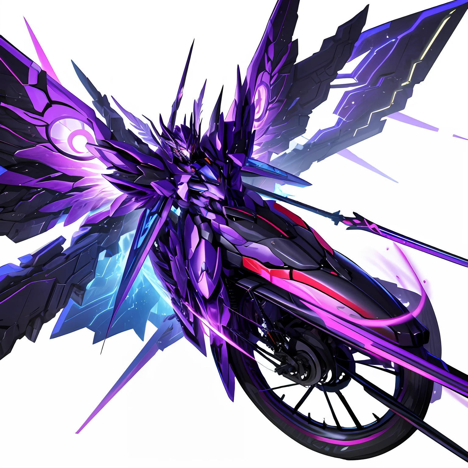 Purple mech,holds a spear,Pedal aircraft,Six wings on his back