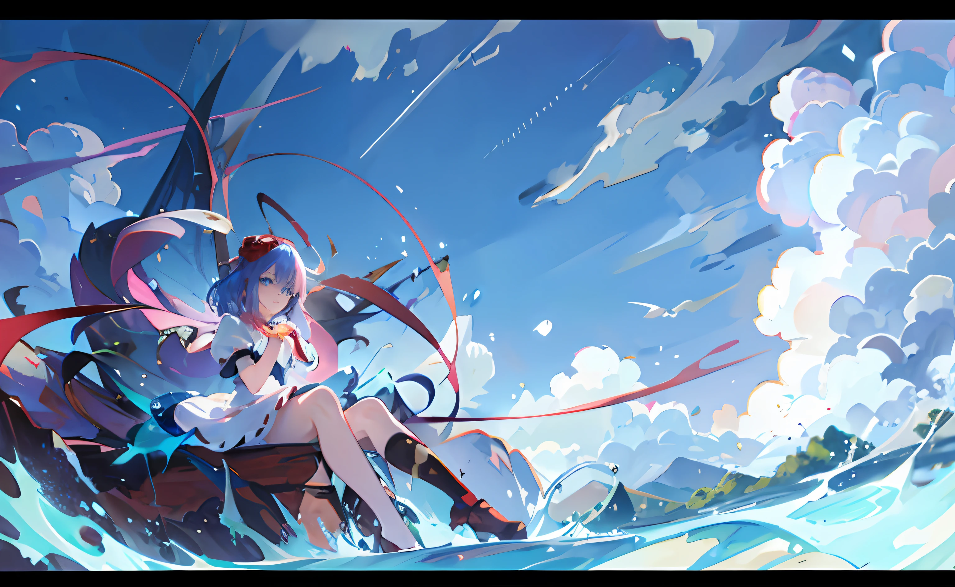 Anime girl sitting on a cloud， Short sky blue hair，Sky blue eyes，white dresses，Sky clouds，Sky Island，touhou project, style of anime4 K, anime wallpaper, 2d anime, beautiful fantasy anime, touhou project official artwork, anime backgrounds, flying anime esper, Anime epic artwork, epic 8 k hd anime shot