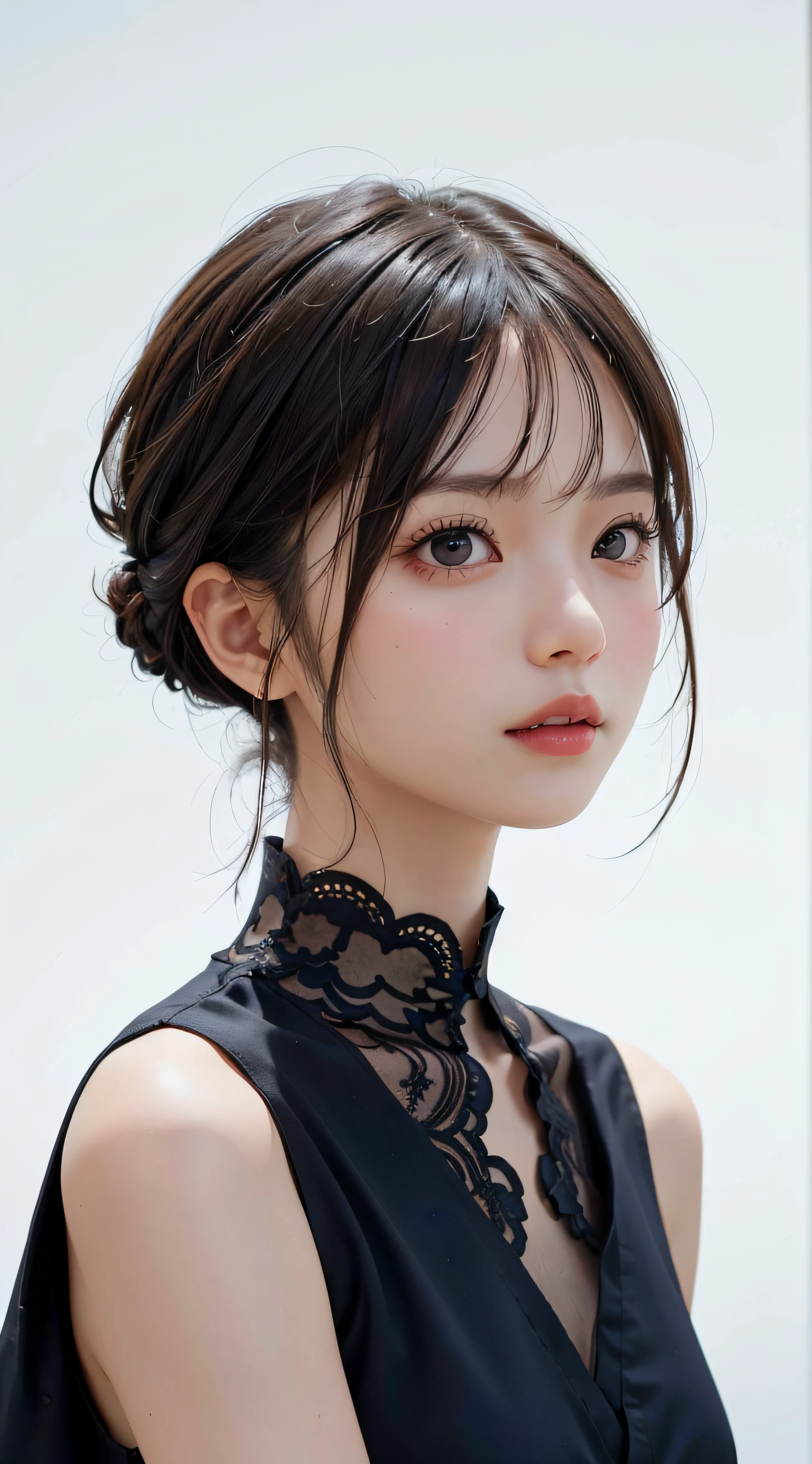 Masterpiece, 1 Beautiful Girl, Detailed Eyes, Swollen Eyes, Top Quality, Ultra High Resolution, (Reality: 1.4), Original Photo, 1Girl, Cinematic Lighting, Japanese, Asian Beauty, Korean, Very Beautiful, Beautiful Skin, Slender, Body Facing Front, (Ultra Realistic), (High Resolution), (8 K), (very detailed), (best illustration), (beautifully detailed eyes), (super detailed), detailed face, looking at viewer, facing straight ahead, neat clothes, sleeveless, short hair, black hair, 46 point slanted bangs, white background, neat room,