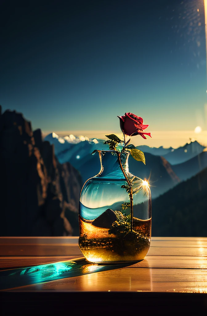 (Scene of a blue rose tree planted in a bottle:1.6),Roses bloom on the branches of nodules,minimalist images,ultra-realistic realism,Poetic and intimate mountain rock scene,realisticlying,Atmospheric light refraction,On the wooden table,Photo by Lee Jeffries,Nikon D850 Film Stock Photo 4 Kodak Portra 400 Camera F1.6 shots,rich colours,hyper realistic lifelike texture,dramatic lighting,unreal engine trending on artstation cinestill 800,Style-Glass