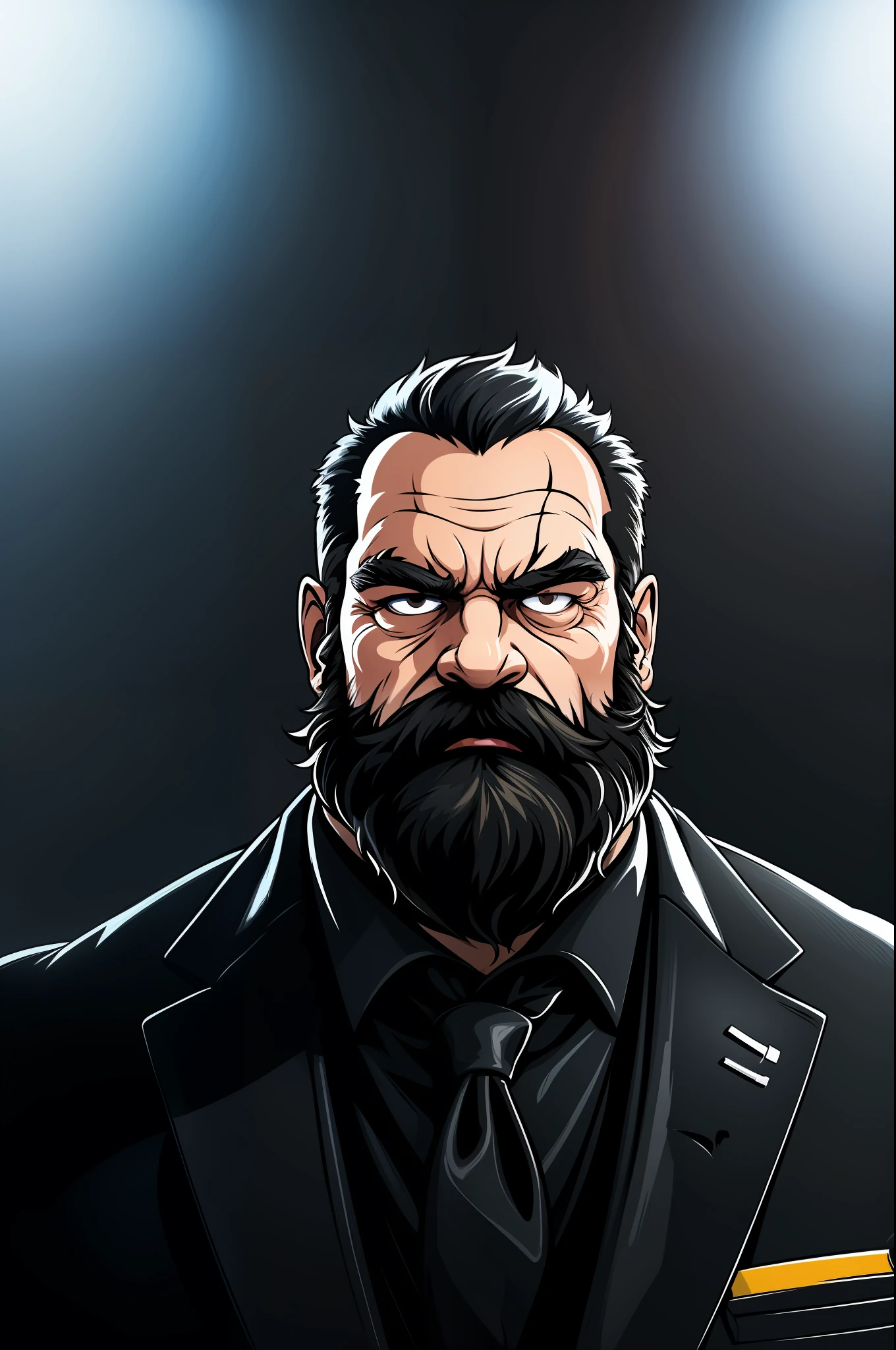 (best quality), 1man, mid-shot, an extremely detailed portrait of a (huge muscular old man) with a stern expression, wearing (black suits), (crisp textures), (contrasty lighting), (sharp lines), (tight composition), white beard, yellow hair, office background