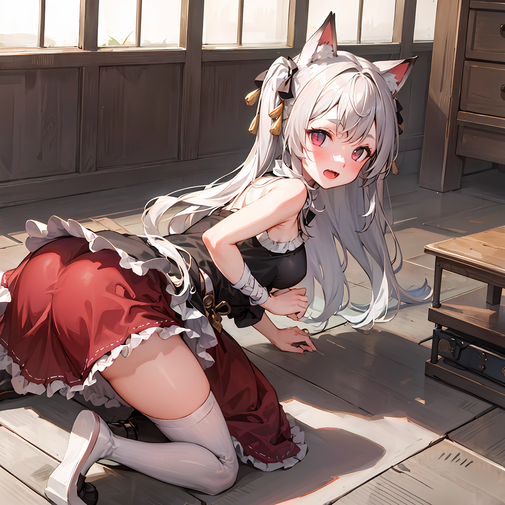 masterpiece,1girl,solo,white hair,twintail,cat ears,blush,open mouth, (sarashi),bandage, (kneeling:1.3),indoors,(from back),ass,bare back,bare shoulders,