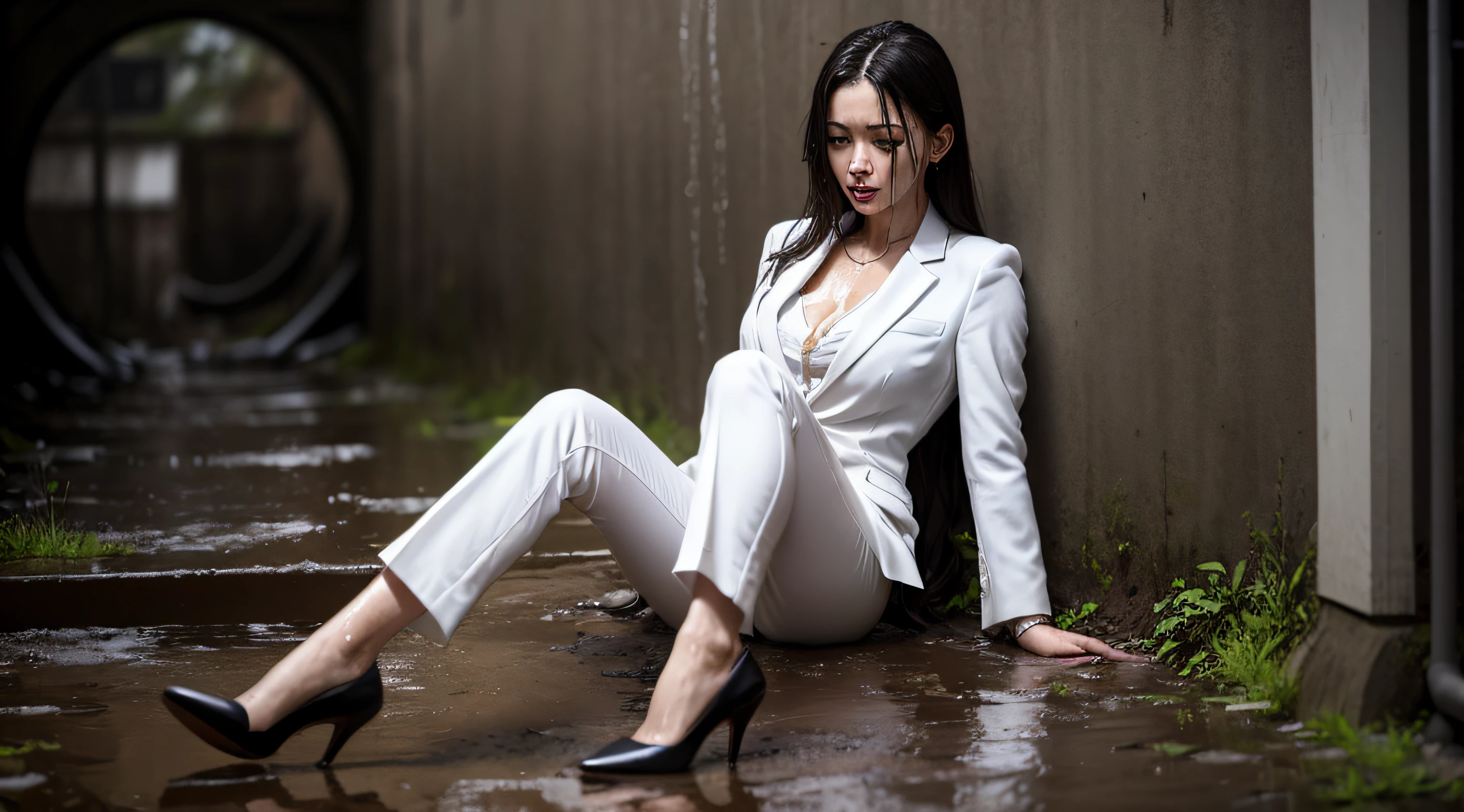 Soaked woman in a white suit sitting in a dark, damp and muddy sewer，Wear high heels and white suit pants，Dirty mess，drenched all over the body