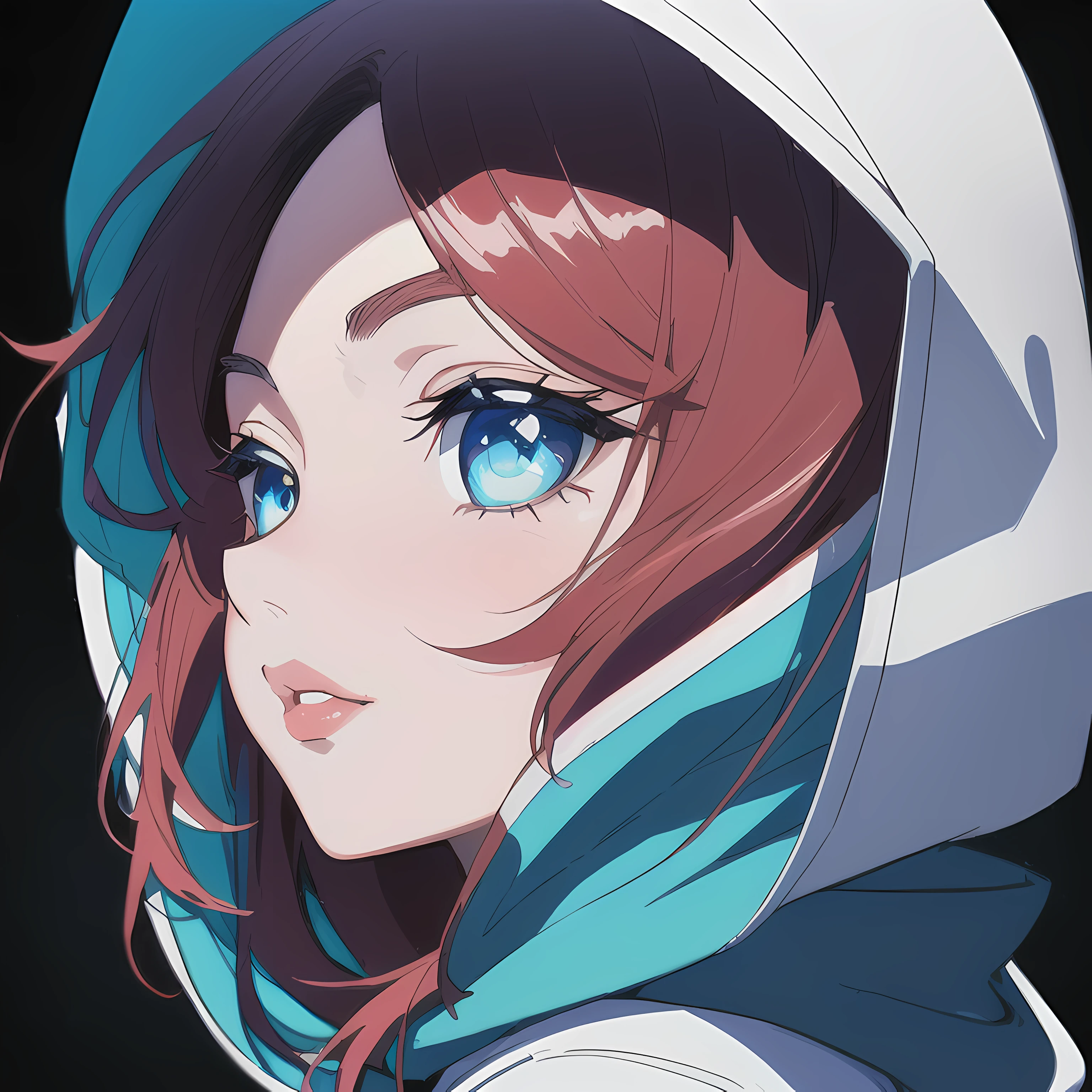 ((close up portrait of middled age woman with a hood on & with big huge giant blue eyes & tiny nose & closed big huge giant full lips!!!:1.5)), she is looking at the camera & her expression is solemn, colorfull anime portait, colorfull anime profile, solemn expression, mysterious portrait of a woman, inspired by Naruto anime series, myself, mysterious portrait, mysterious eerie portrait, night!!! (((masterpiece))), (((best quality))), ((ultra-detailed)), (highly detailed anime illustration), ((an extremely delicate and beautiful)),(from side),cinematic light,((1anime woman)),solo, black background, extreme detailed,colorful,highest detailed