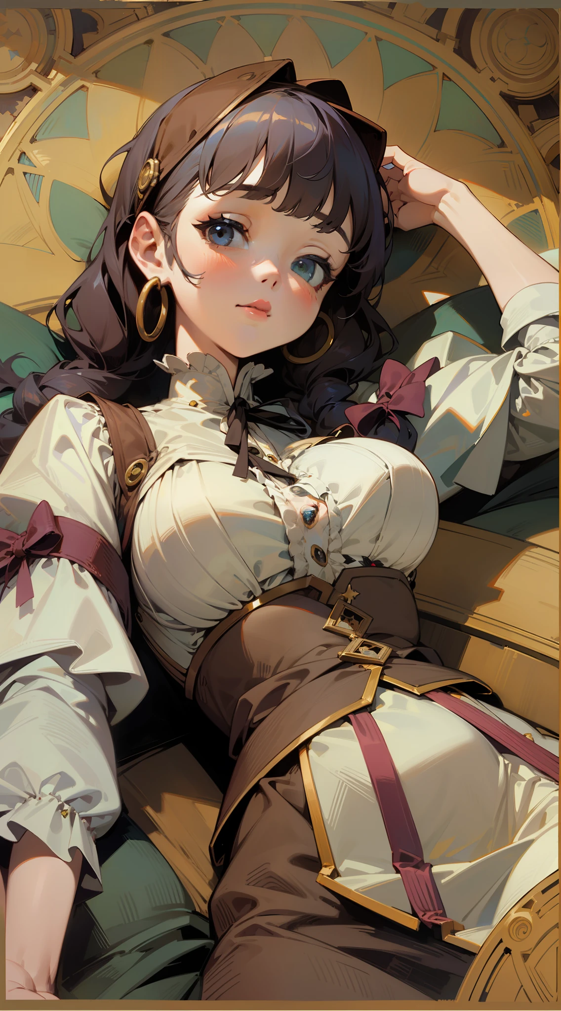 Women depicted by Vermeer and Mucha、Fantastical、Braids、Large ribbon、lying back on、stars on background、krystal