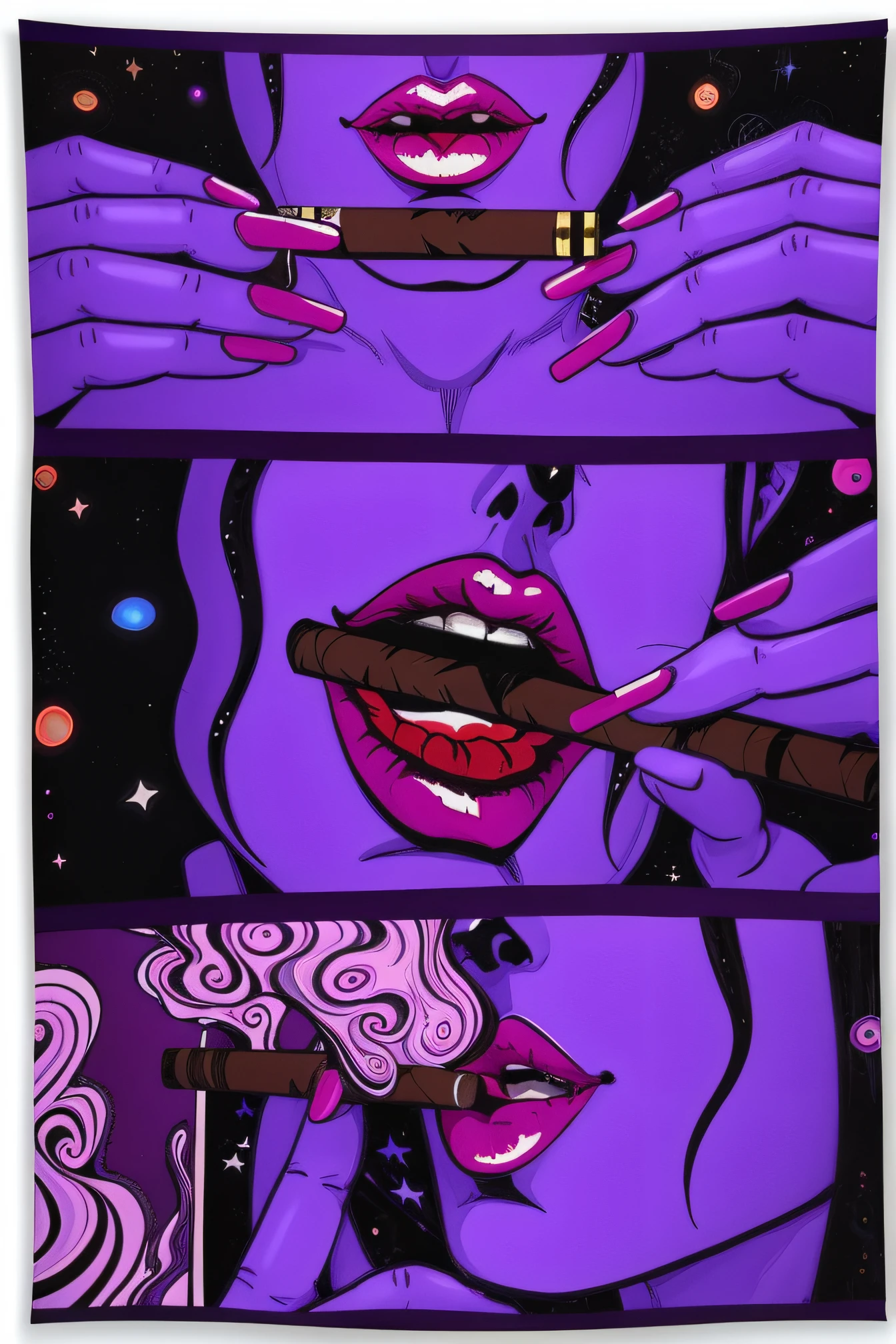 A purple woman,Cigars and cigarettes in his mouth, purple alien, black light velvet poster, violet polsangi pop art, Purple drink, inspired by Asaf Hanuka, Purple haze, trippy mood, vaporwave cartoon, blacklight aesthetic, Purple smoke, lsd trip, Purple tube, loish |, psychedelic aesthetic, toon aesthetic
