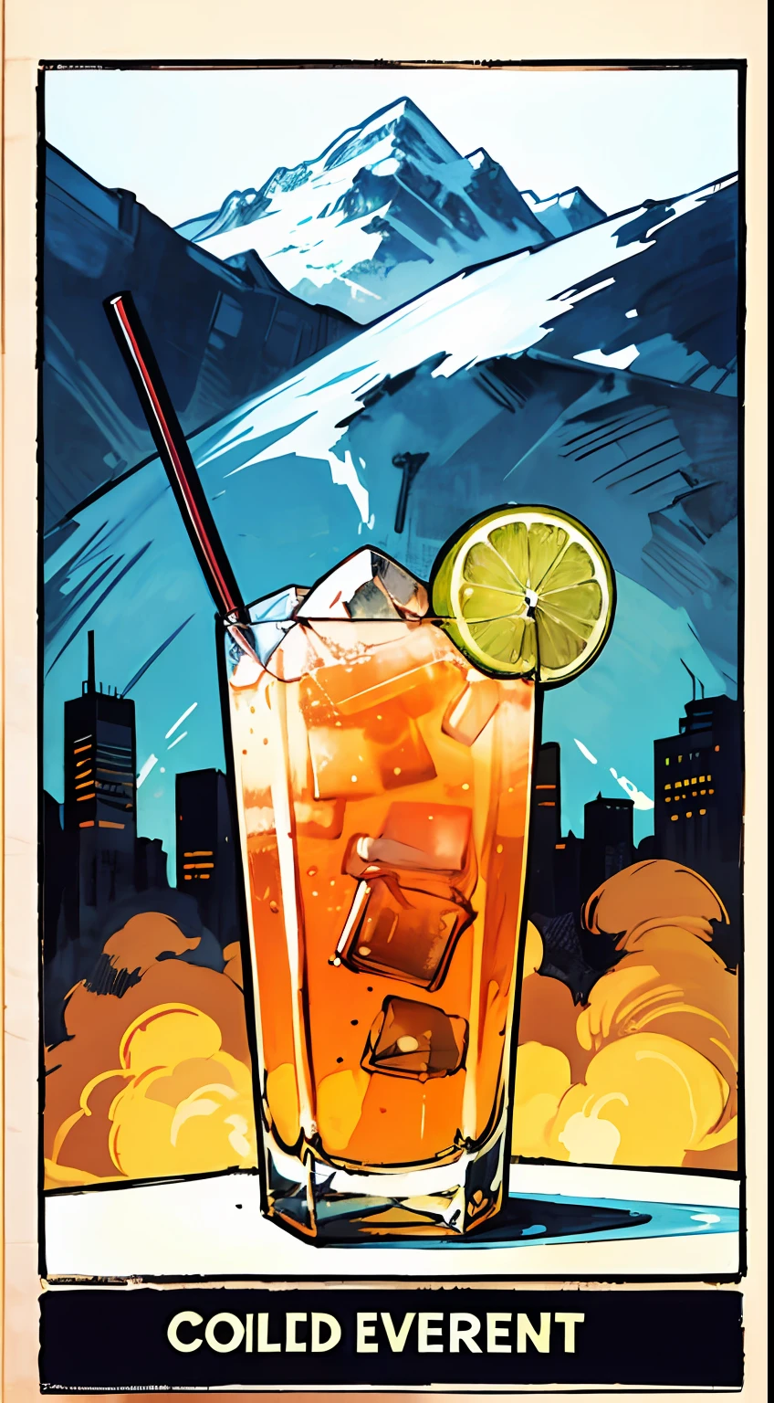 Hand drawn cold drink event poster,icy ,Hand-drawn work ,2D,vista de topo,Commercial hand-drawn illustration,Rich in tension,a comic style