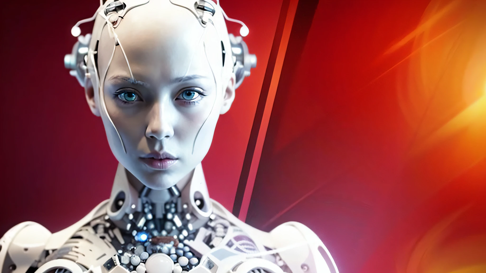 A closeup of a robot with a red background, uma imagem de um belo ciborgue, cyborg  branca bonita, mulher android bonita, sci-fi android feminino, beautiful female android!, mulher ciborgue, ciborgue - meninaical female android, integrated synthetic android, Retrato de um androide feminino, beautiful female android, the most advanced humanoid robot, androide feminino