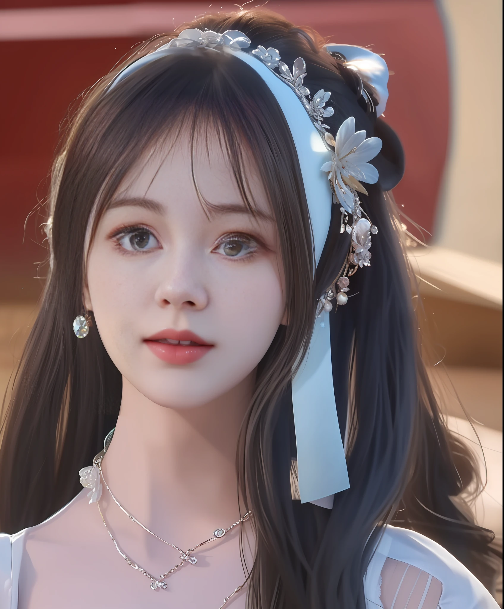 Best Quality, Masterpiece, High Resolution, 1Girl, Sheer Dress, Hair Accessories, Necklace, Jewelry, Pretty Face, Physical, Tyndall Effect, Realistic, Shadow Studio, Edge Lighting, Two-Color Lighting, (High Detail Skin: 1.2), 8k UHD, DSLR, Soft Light, High Quality, Volumetric Light, Voy Shot, Photo, High Resolution, 4K, 8K, Background Blur,