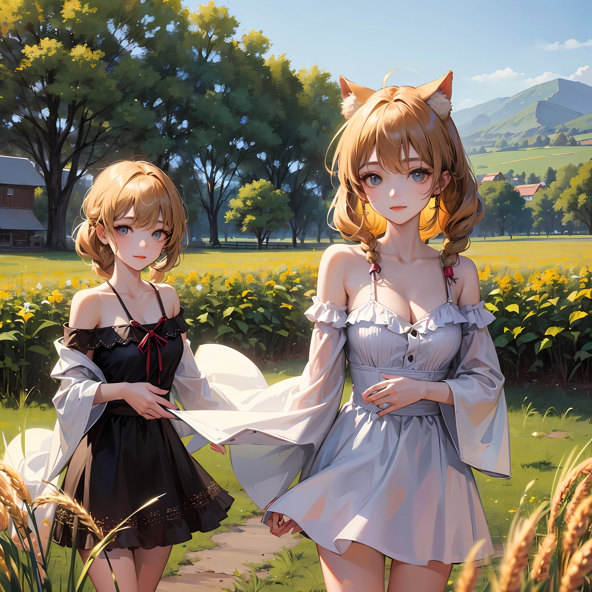 young 1girl with braided hair and fluffy cat ears, dressed in Off-Shoulder Sundress, standing in a rustic farm setting. She has a soft, gentle smile, expressive eyes and sexy cleavage. The background features a charming barn, fields of golden wheat, and a clear blue sky. The composition should be bathed in the warm, golden hour light, with a gentle depth of field and soft bokeh to accentuate the pastoral serenity. Capture the image as if it were taken on an old-school 35mm film for added charm, looking at viewer --auto