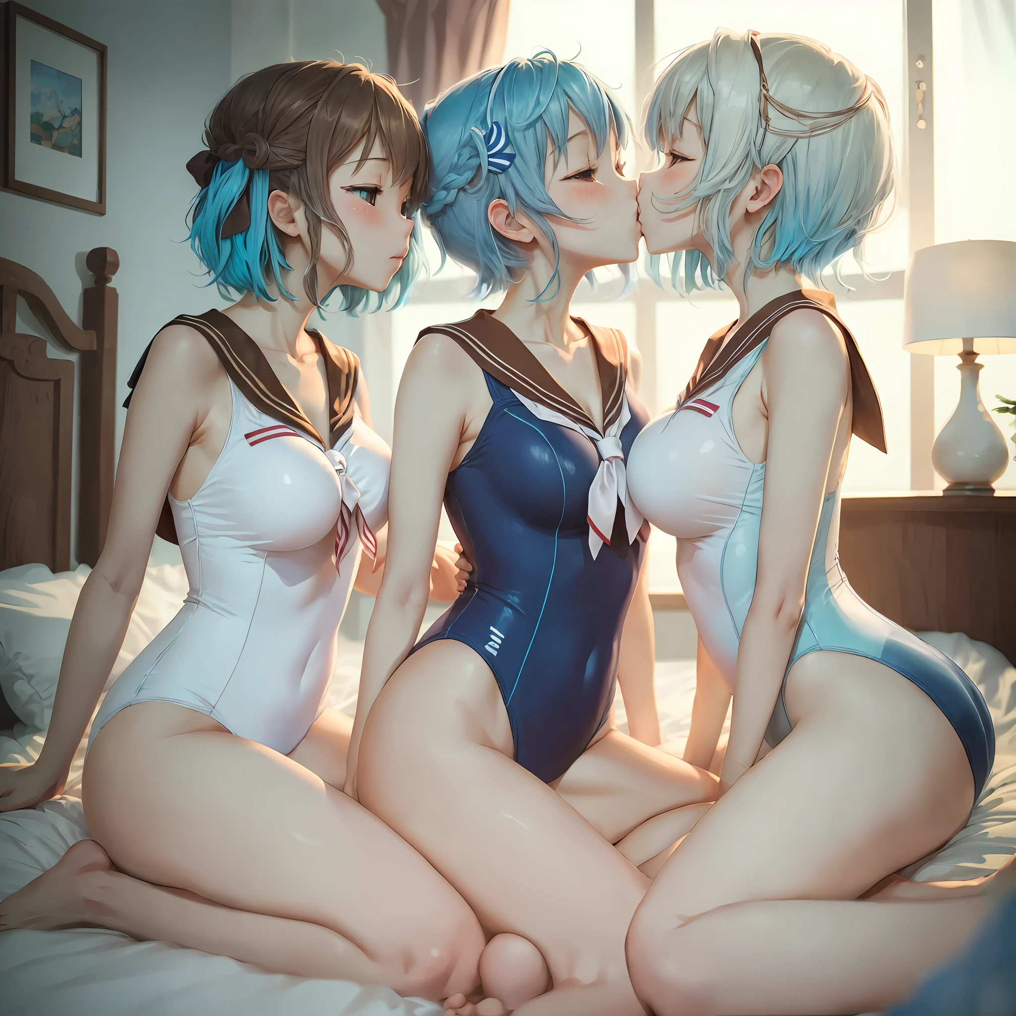 twogirls,Barefoot,The bodies are stacked on top of each other,Kiss on the bed,Light blue hair and brown hair,anime big breast,Sailor suits and JK suits,early evening,Delicate,White --auto