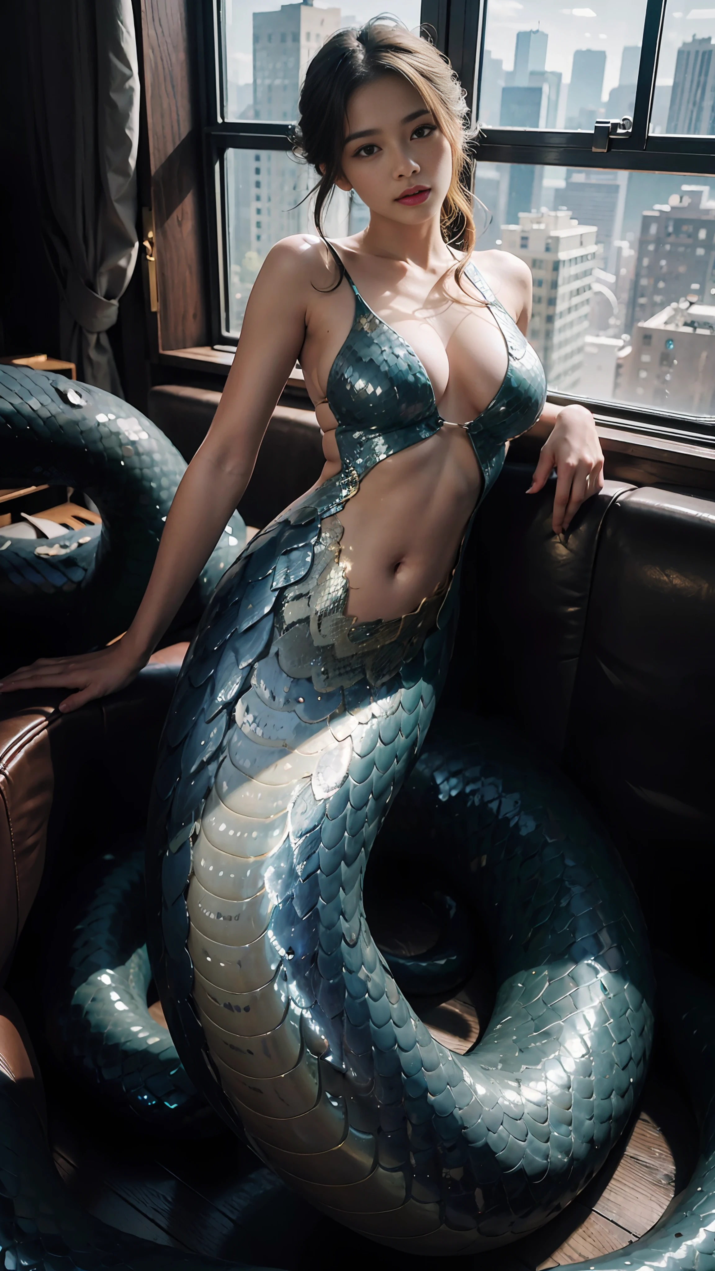 (mermaid:1.2), (snake tail:1.3)，8k uhd，RAW photo，A snake woman，（Python pattern），（snake man），(Golden scales)，(Real Human:1.3)，(highres:1.4)，(A detailed:1.5)，(photorealestic:1.7)，RAW photo，Portrait Photogram，Realistic scales，golden colored，RAW photo，超高分辨率，Foto realism，best qualtiy，(highdetailskin，skin detailed)，Visible Pore，Shiny skin，tmasterpiece，finedetail，Colorization，Extremely Delicately Beautiful，extremely detailed 8k wallpaper，8K high quality，DSLR，Snake man maiden with beautiful details，(looking at viewert)，professional photograph lighting，Faraway view，full bodyesbian，in a panoramic view