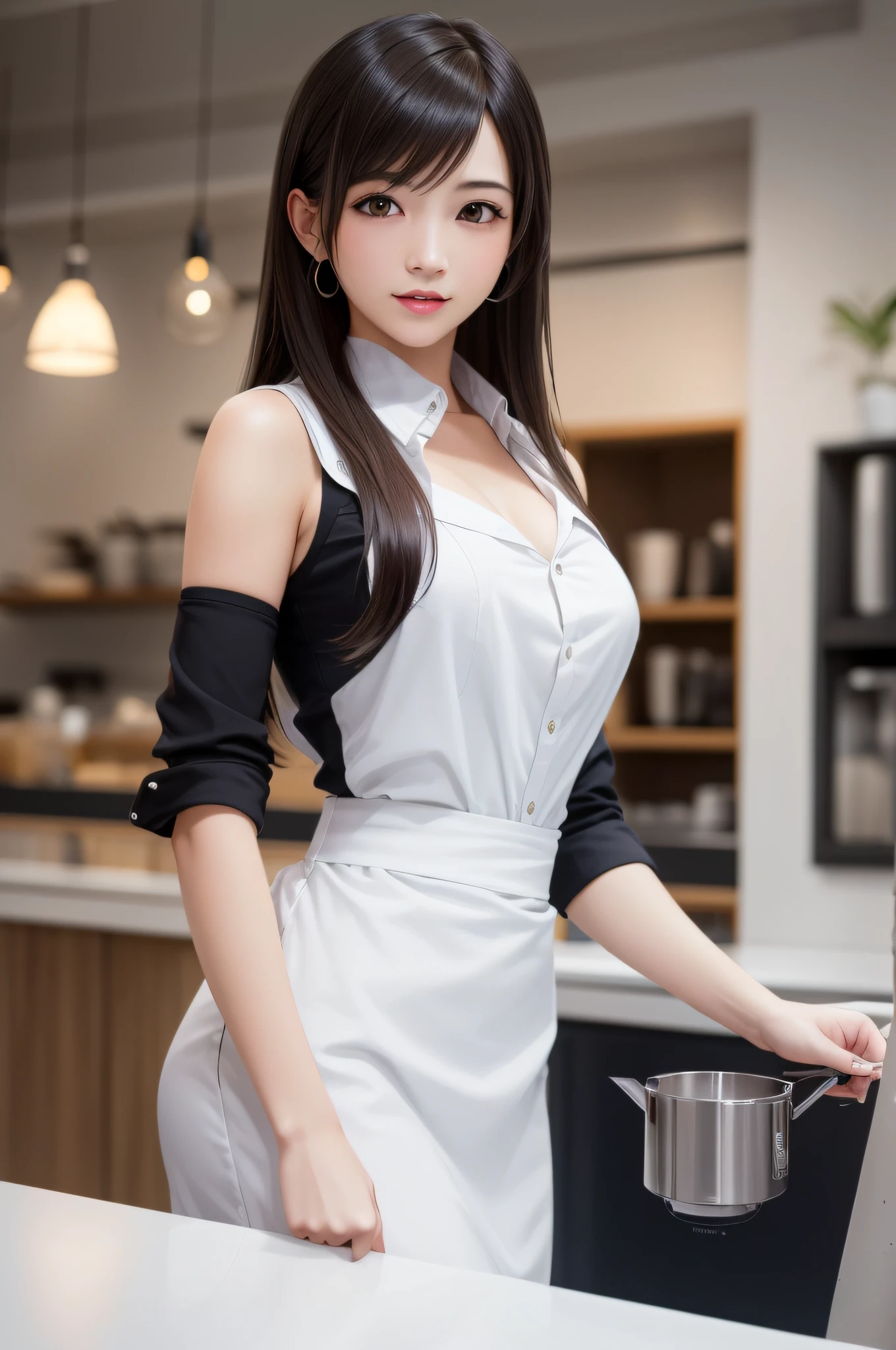 (Top Quality, Masterpiece: 1.1), (Real: 1.4), (location: a cozy coffee shop with warm lighting),(objects: a collection of high-end coffee equipment and freshly roasted beans), BREAK
(((FF7))) (((Tifa))),(1Girl:1.2),Ultra-detailed face, Detailed eyes,((Light Brown Hair, Large breasts: 1.2)),about 18 years old,(barista),Smile, BREAK
(((FF7))) (((Tifa))),(white collared shirt, black trousers, long sleeves,black apron),(No Bra) (Small and beautiful hard nipple),(shiny oiled skin: 1.4),