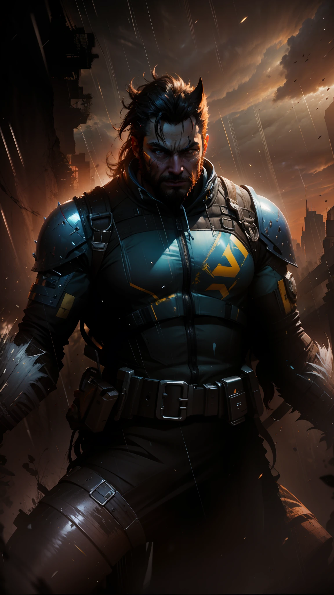 Wolverine , traje azul e amarelo, cores vibrantes, amarelo no peito com detalhes azuis, futurista cyberpunk, músculoso, rosto altamente expressivo e detalhado, olhando para o espectador, chuva intensa, unreal engine 5, 8k.