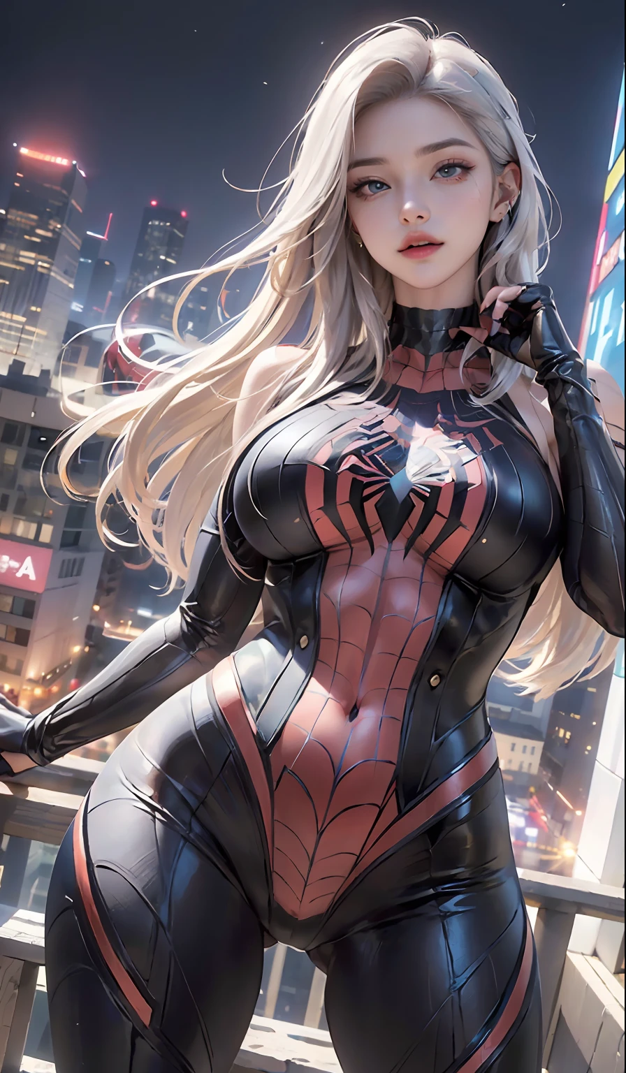 (Masterpiece, 4k resolution, ultra-realistic, very detailed), (White superhero theme, charismatic, there's a girl on top of town, wearing Spider-Man costume, she's a superhero), [ ((25 years), (long white hair:1.2), full body, (blue eyes:1.2), ((Spider-Man pose),show of strength, jumping from one building to another), ((sandy urban environment):0.8)| (cityscape, at night, dynamic lights), (full moon))] # Explanation: The Prompt mainly describes a 4K painting of ultra-high definition, very realistic, very detailed. It shows a superheroine at the top of the city, wearing a Spider-Man costume. The theme in the painting is a white superhero theme, the female protagonist has long white hair, is 25 years old and her entire body is shown in the painting. In terms of portraying the actions of superheroines, spiders are employed