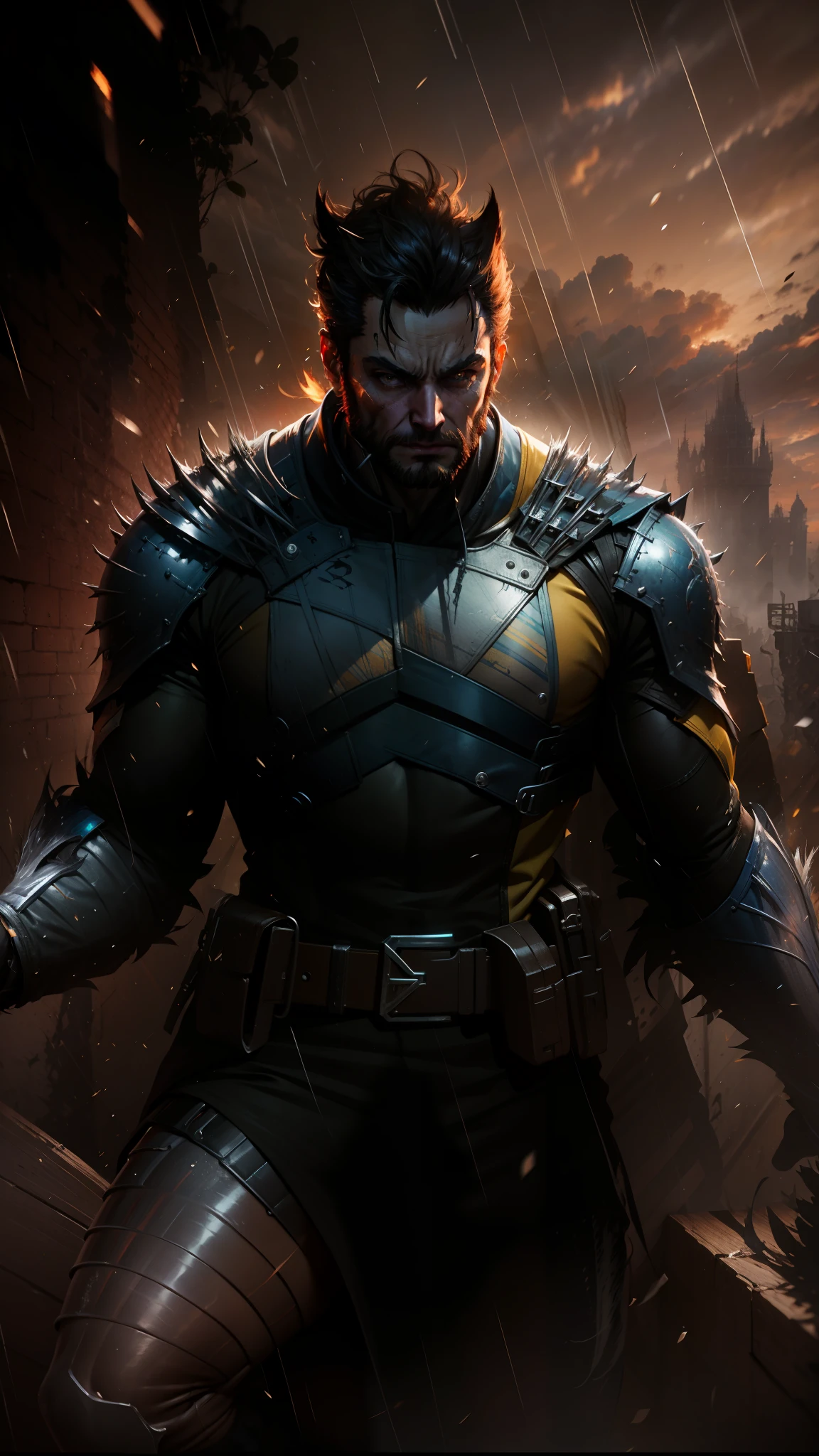 Wolverine , traje azul e amarelo, músculoso, rosto altamente expressivo e detalhado, olhando para o espectador, chuva intensa, unreal engine 5, 8k.