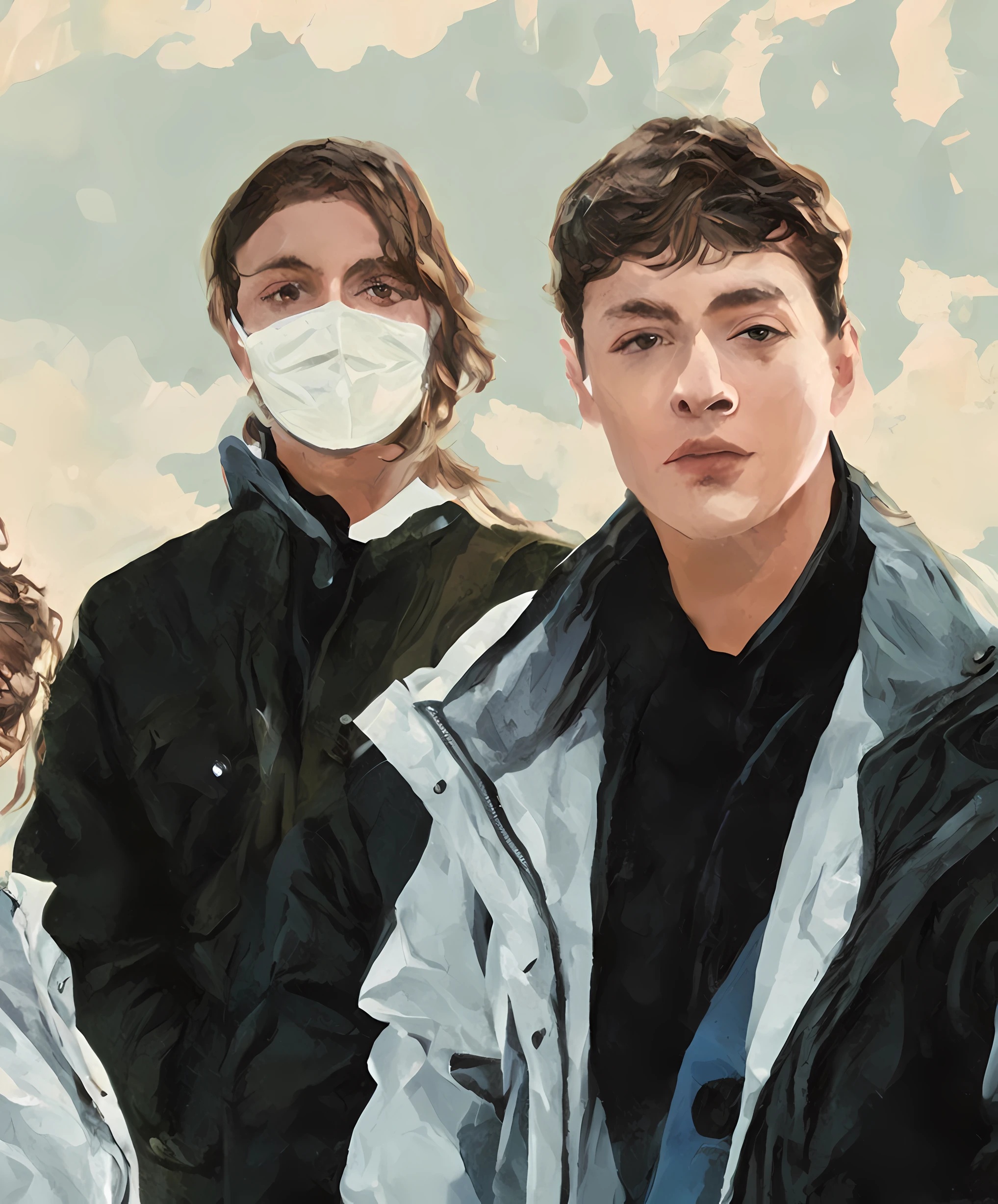 (Artistic HD 8,000 pixel selfie photos，Extremely realistic artistic realism style),(Two young men wearing masks，Long-haired wolf-tailed boy wearing a black down jacket，Curly-haired boy wearing white down jacket without mask)