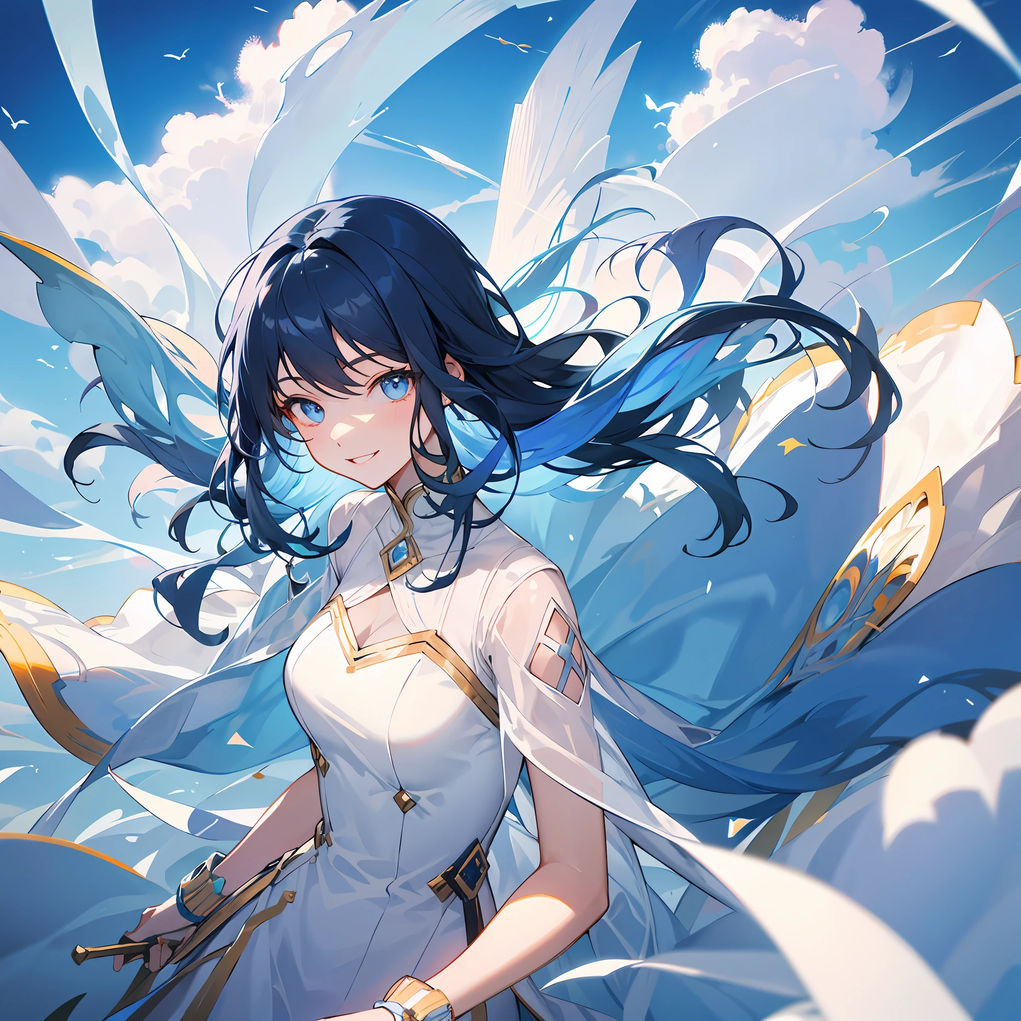 The woman is wearing a white dress, and her eyes are a vibrant shade of blue. The background depicts a vast sky with large clouds. The girl is smiling, and the overall illustration has a sense of transparency and clarity. It is set on top of a hill.
