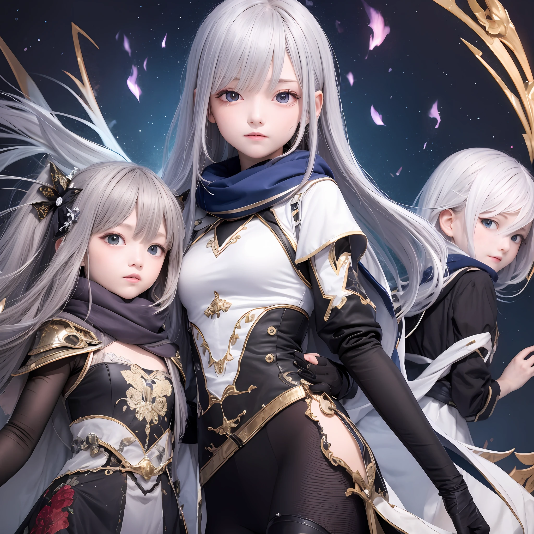 The upper part of the body、2 girls with gray hair、poneyTail、daggers、Medium Breath、scarf、blue flames、 odd eye