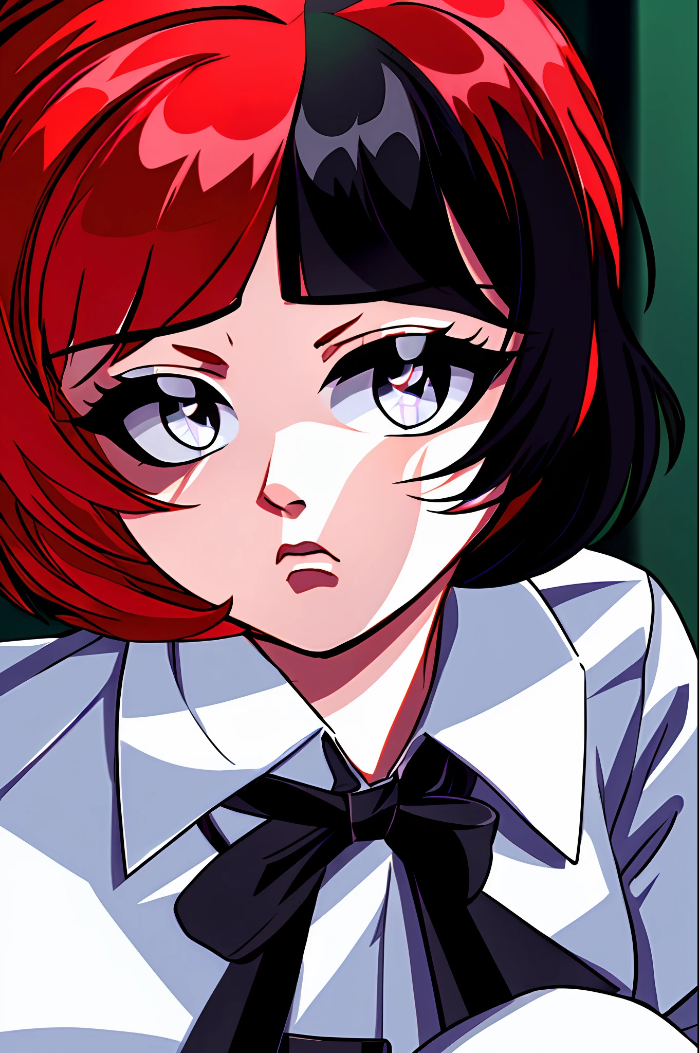 ((masterpiece, Best Quality))), Coupling, solo, 1girl, ((red hair, black hair, multicolored hair)), (white shirt, black tie), short hair, white tights, seated, (close-up of face), very detailed, photorealism, photorealism, surprised, puzzled, sad, slightly blurred background