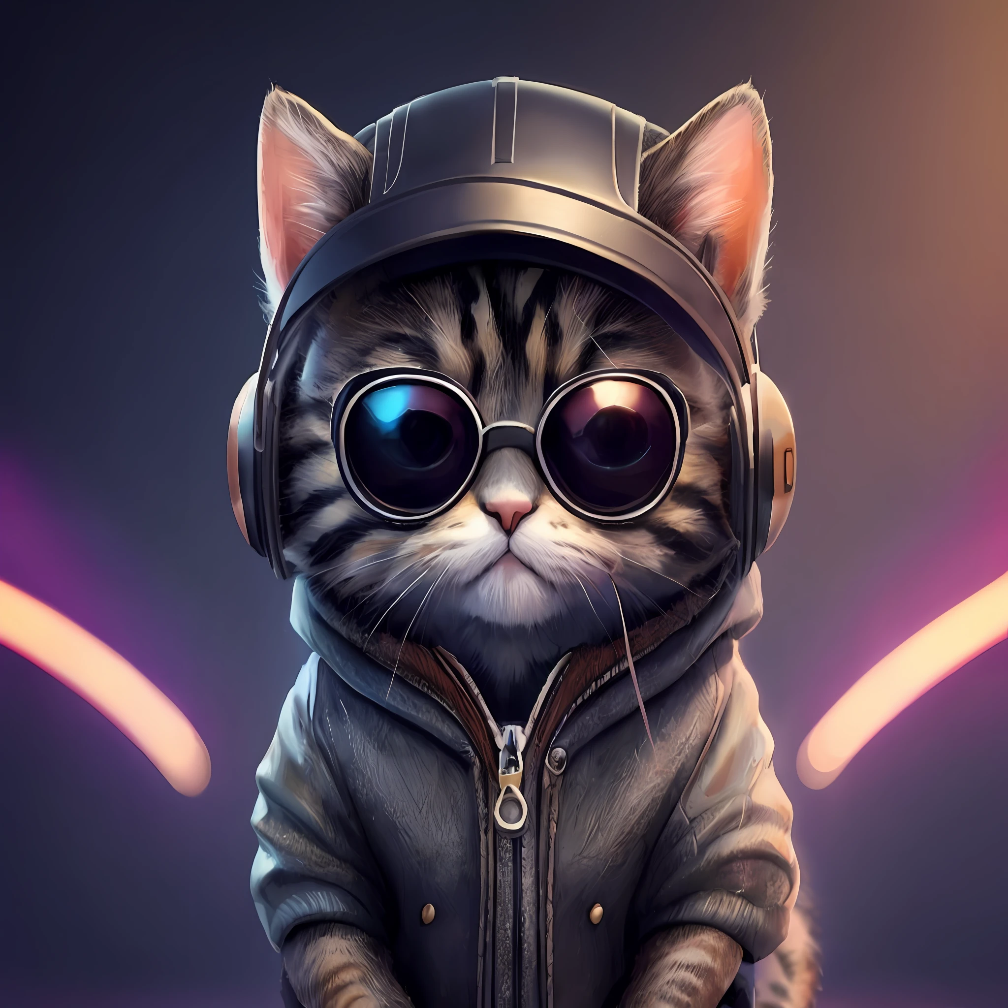 A closeup of a cat wearing a helmet and sunglasses, bela arte digital, gato cyberpunk, arte digital detalhada bonito, painting digital adorable, papel de parede de alta qualidade, anthropomorphic cat, olhando heckin legal e elegante, design do gato, Wojtek FUS, papel de parede de alta qualidade, arte de alta qualidade, bela arte digital, arte fofa, awesome cat, Arte digital alucinante