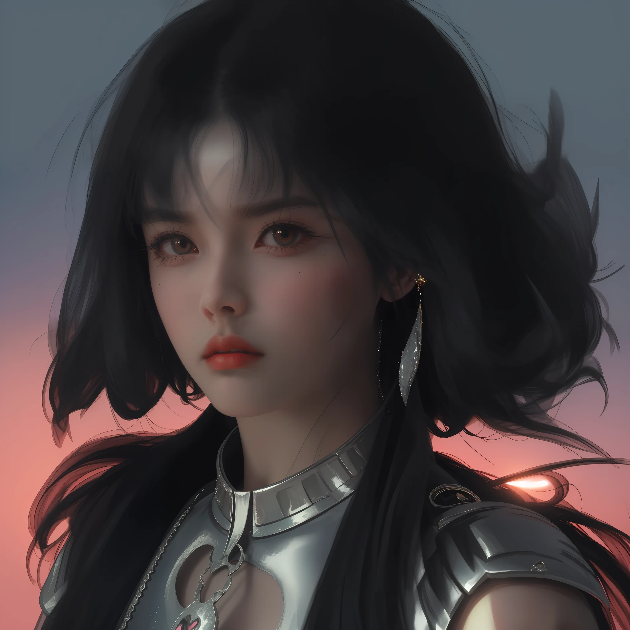 black hair, colored inner hair, black hair, gradient hair, asymmetrical hair, messy hair, parted bangs, glaring, gradient_eyes, v-shaped eyebrows, scowl, serious, jitome, evil, disdain, Surrealism, high detail, chiaroscuro, sparkle, ray tracing, 8k, super detail, UHD, retina, masterpiece, ccurate, textured skin, super detail, high details, high quality, best quality, highres, 4K