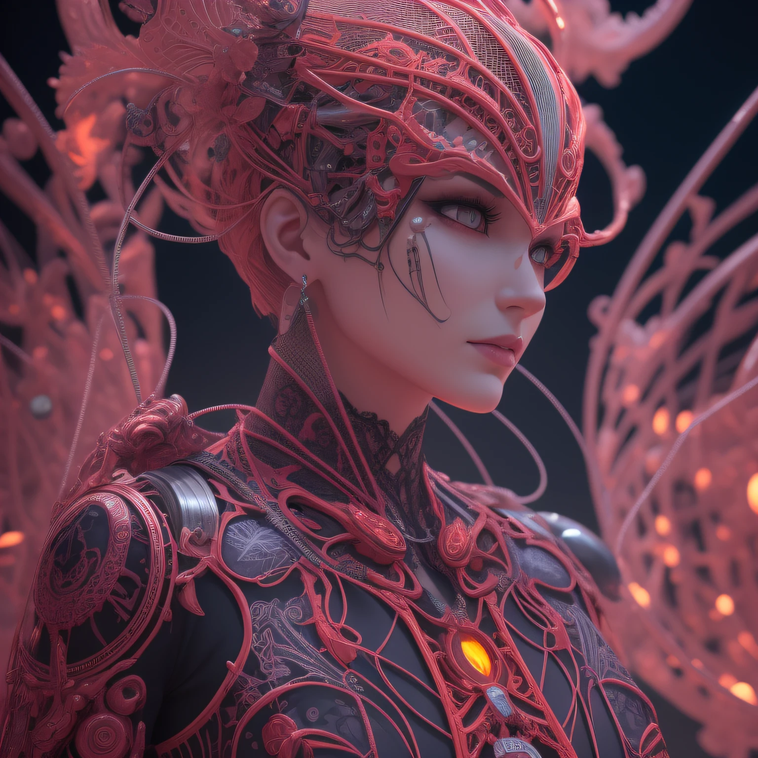 Complex 3d Rendering Ultra Details Beautiful Death Angel, Biomechanical Cyborg, Analog 150mm Lens, Beautiful Natural Soft Rim Light, Neon Vain, Roots, Fine Leaf Lace, Colorful Details, Boris Bidjan Saberi Costume, Pearl Earrings, Art Nouveau Fashion Embroidery, Intricate Details, Mesh Wire, Mandelbrot Fractal, Facial Expression Muscles, Cable Wire, Microchip, Badass, Hyperrealistic, Ultra High Definition, Octane Rendering, Volumetric Lighting, 8K Post-Production, Red and White with a Little Black, Elaborate Metallic Bones, Semi-Human, Iridescent, Glenn Brown Style Futuristic Room, Power of God, High Angle Shot , complex body poses