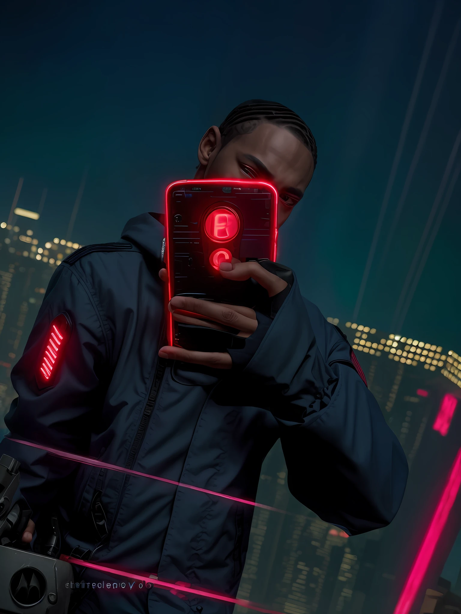 Blue military jacket, Style-BladeRunner2049-8v:0.7, a realistic photo of 1 mature young black man, Michael B. Jordan in the costume of the StarLord of Guardians of the Galaxy in blue color with white and black details, military costume, full body, military pants, knee-high boot futuristic dark brown, blue knee pads, blue military jacket, military fingerless gloves, cyberpunk nocturnal cityscape, street with neon lights, light glows, science fiction world, full body, closed mouth, best quality, highres,