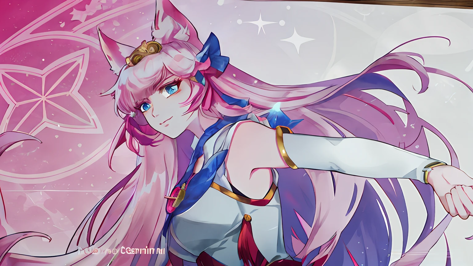 Anime characters with long pink hair and a crown on their heads, portrait of ahri, seraphine ahri kda, Extremely detailed Artgerm, ahri, ahri from league of legend, beautiful anime catgirl, Holo is a fox girl, Very beautiful anime cat girl, star guardian inspired, Detailed key anime art, Art germ. High detail --auto