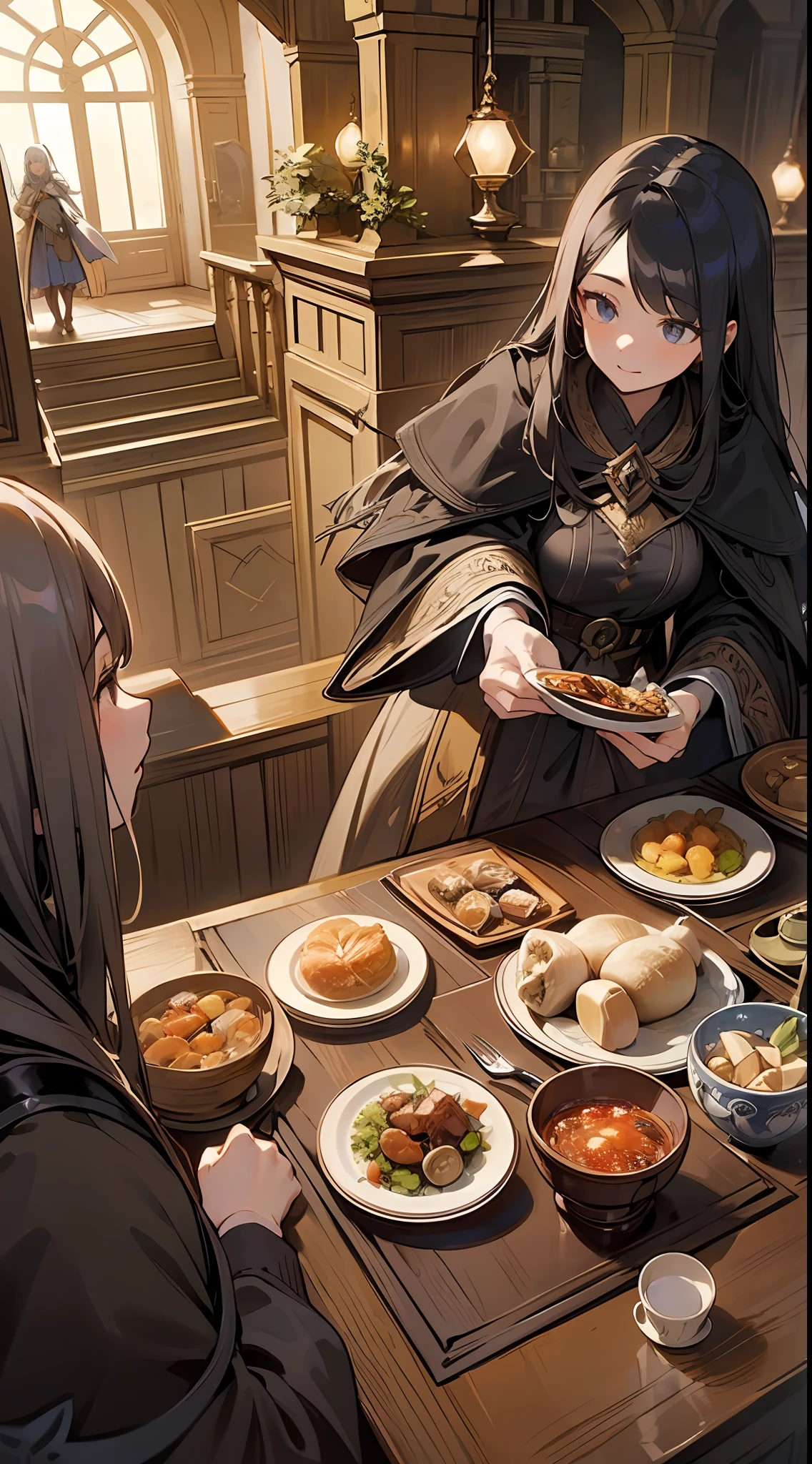 top-quality、detaileds、8K、4K、hight resolution、detaileds、Black and long-haired witch、Upper body is shown、Sumptuous dinners、Bright room of the Adventurer's Guild、((Multiple girls))、appearance々Characters of the color、(Fantasy World）、Guild Friends、Overhead view、