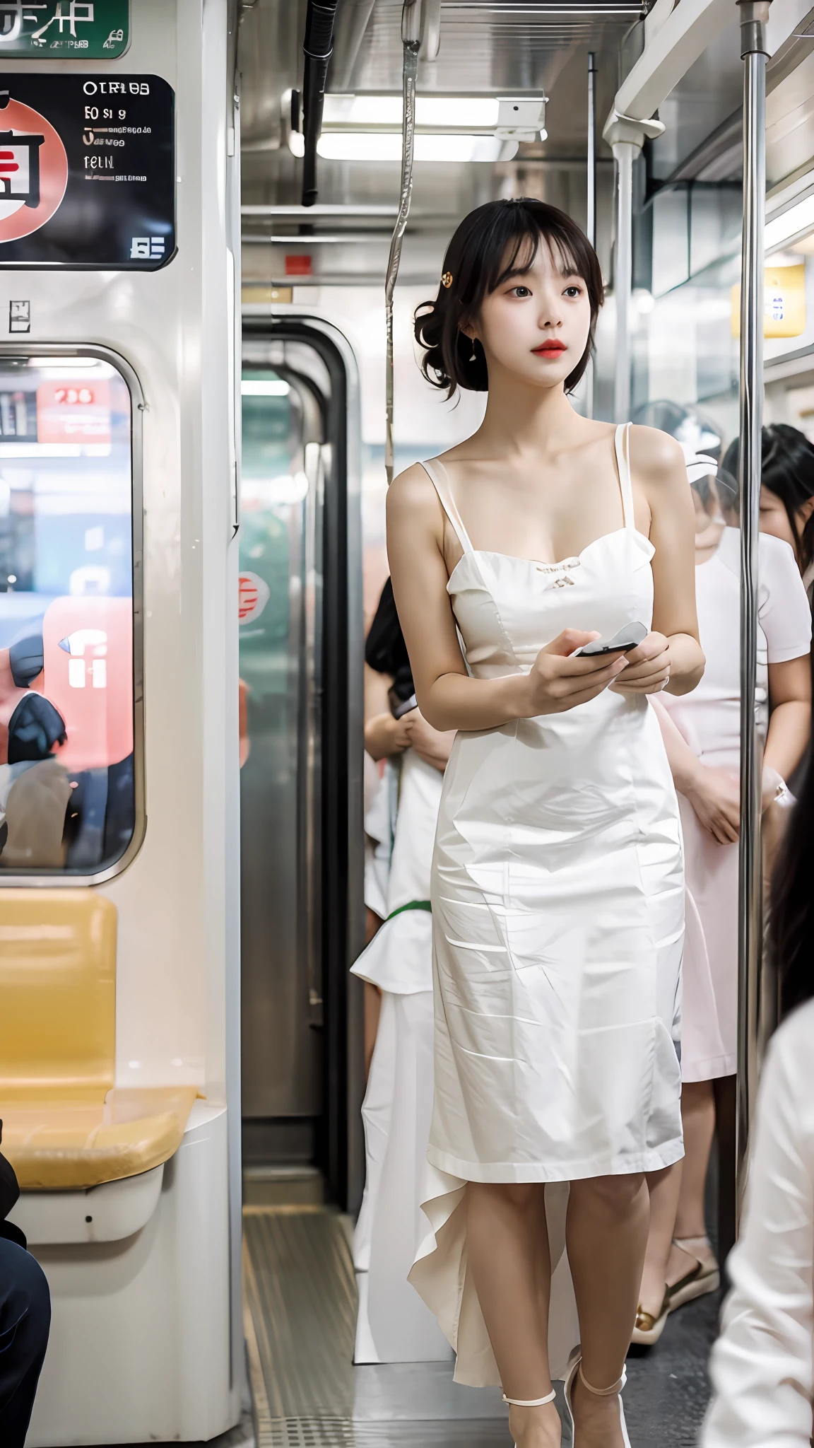 Woman in white dress standing on subway looking at her phone, wears a white dress, wearing a cute white dress, Wearing a white flowing dress, Wearing a white dress, checking her phone, goddess checking her phone, in a subway, in a long white dress, Wearing a long dress, dressed a long white, wearing white clothes, dressed in a beautiful white