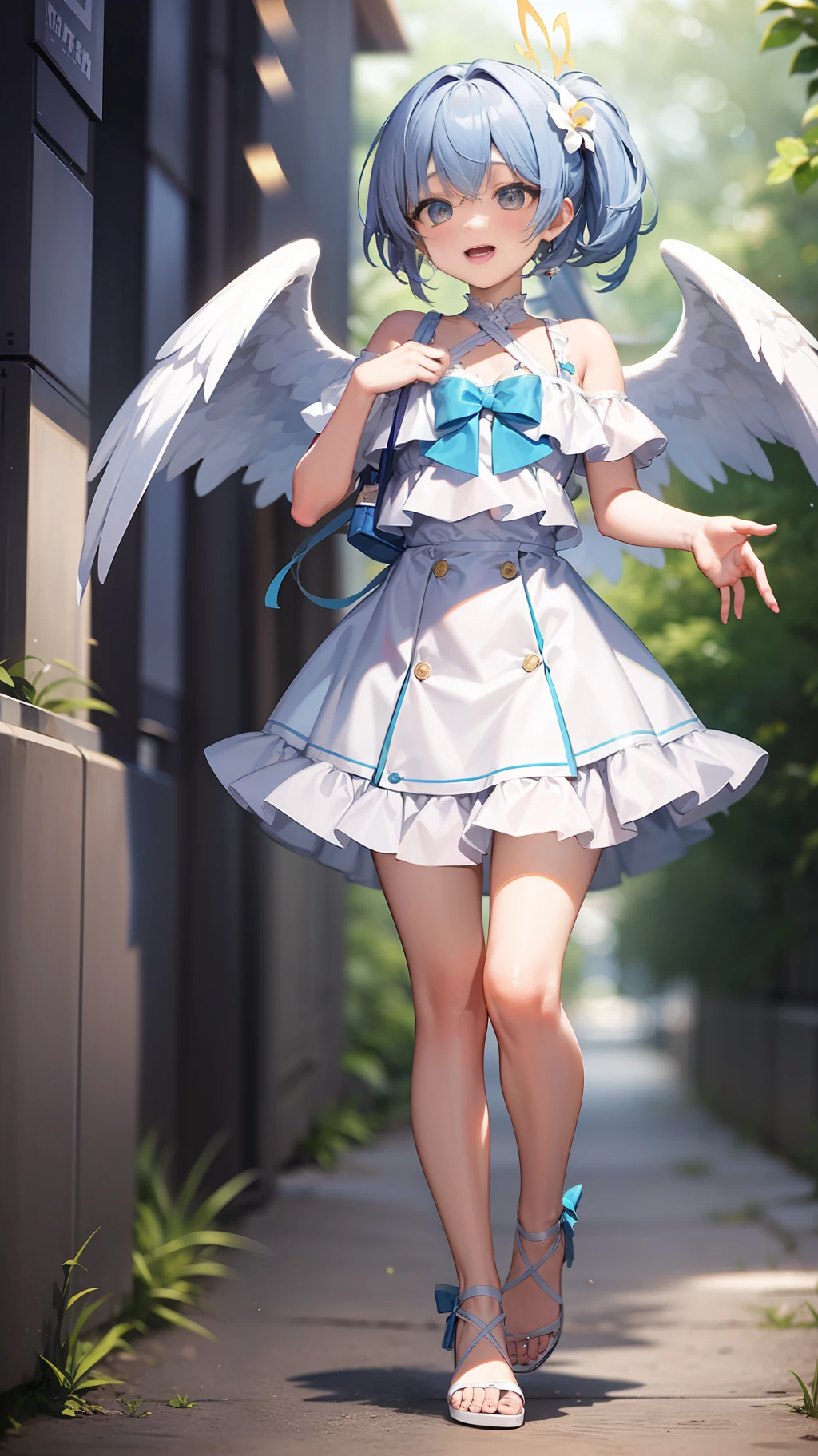 Campus background，-yeld giTied with a single long ponytail，lightblue hair，an orchid flower，Light blue 10cm heels，Light blue bow,White top，cropped shoulders，Short skirt in light blue，light blue  hair，light eyes，white  clothes，thin very long legs，Angel white wings，Cute and sweet，having fun，Full body painting。