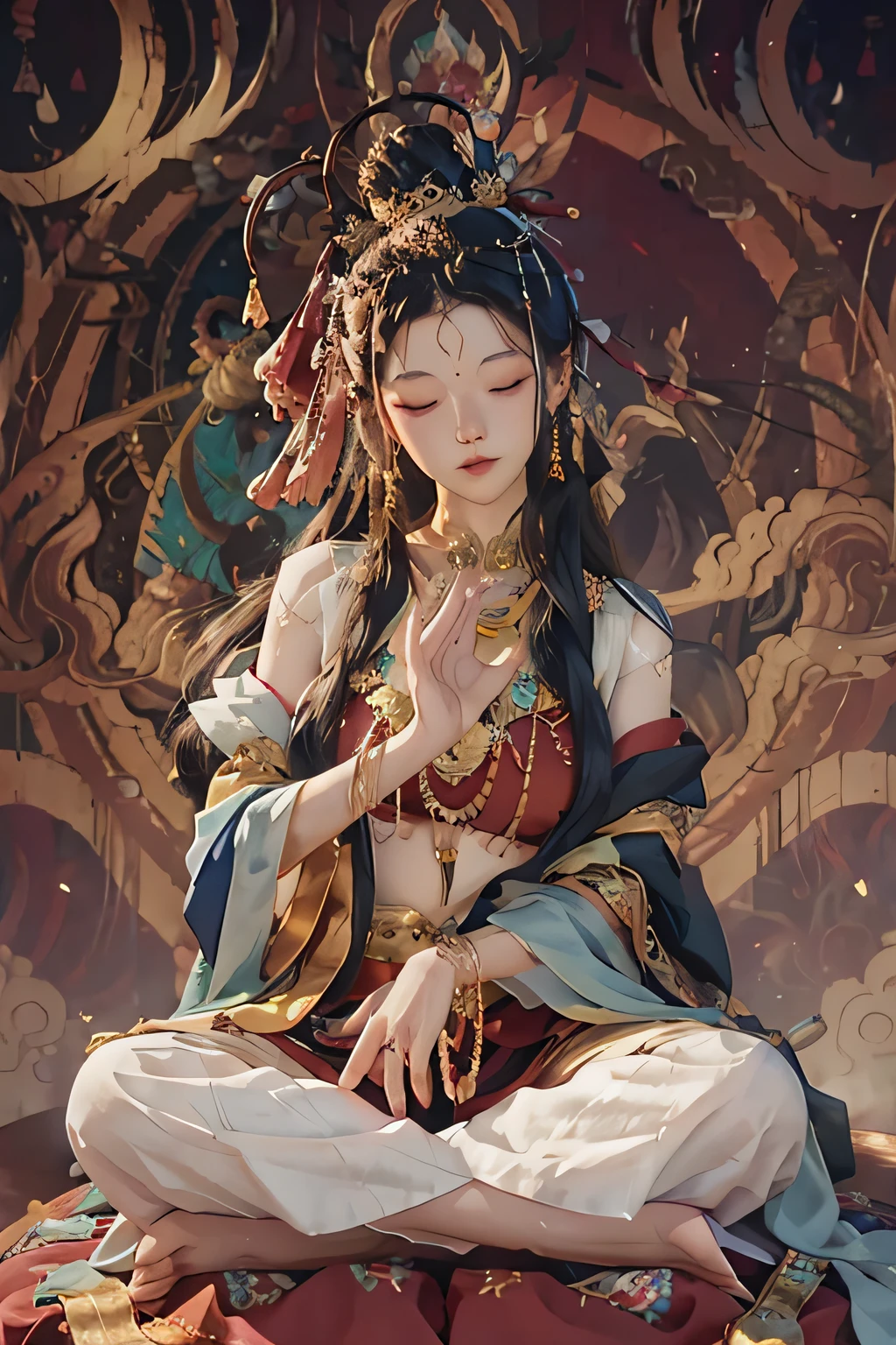 20岁女孩,Tibet,Meditate,devout,Unreal background,buddhism,Exquisite image quality,Mandala,Tara,full bodyesbian,eye closeds,cabelos preto e longos