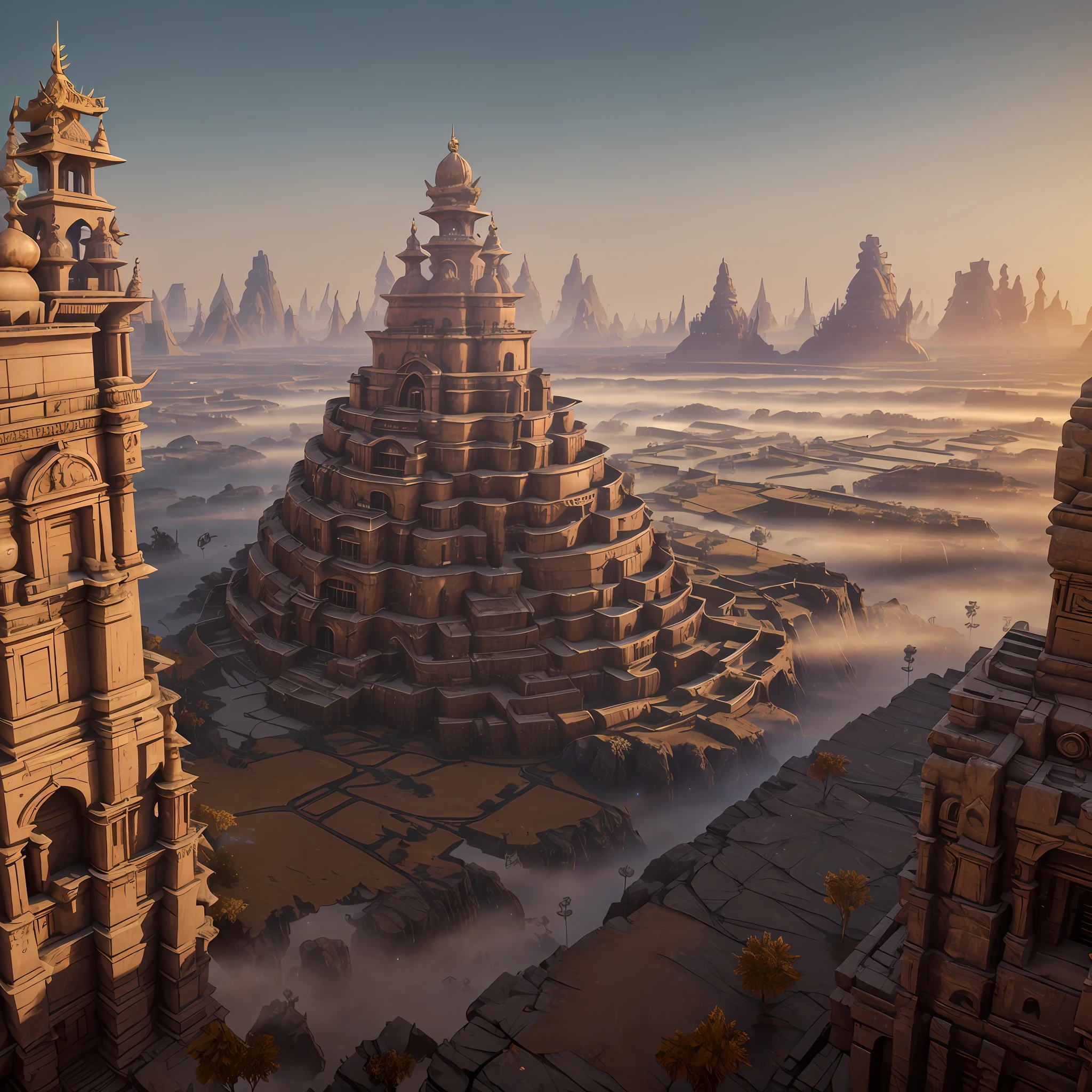 AErial shot of 5,000-year-old Indian city with Indian architecture. Ornate pillars, dozens of " intricate carvings temples spread across area large" and 100' of golden palaces, houses Spread across large area and Surrounded by a moat and a high wall. Buiit on a grid system. low fog around. 3D Game Cinematic Feel, Epic 3D Videogame Graphics, Intricately Detailed, 8K Resolution, Dynamic Lighting, Unreal Engine 5, CryEngine, Trending on ArtStation, HDR, 3D Masterpiece, Unity Render, Perfect Composition