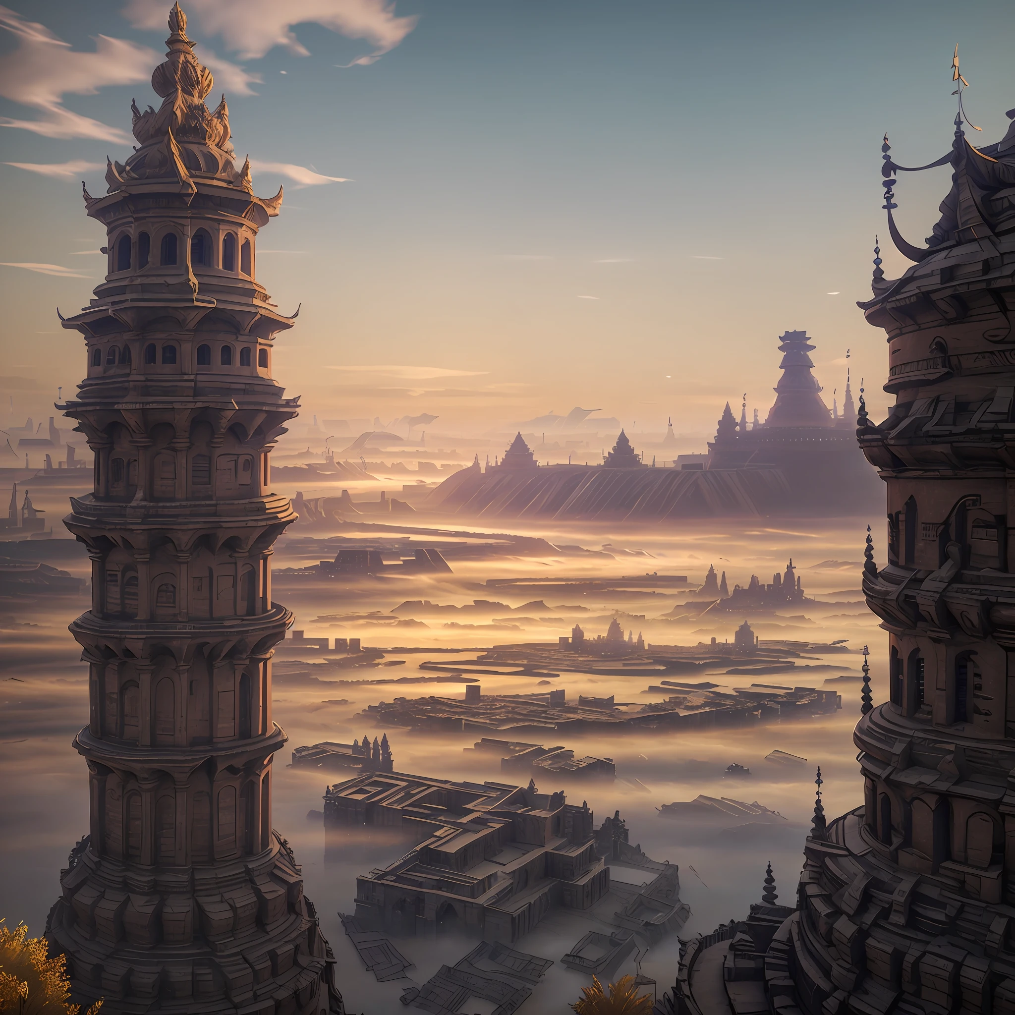AErial shot of 5,000-year-old Indian city with Indian architecture. Ornate pillars, dozens of " intricate carvings temples spread across area large" and 100' of golden palaces, houses Spread across large area and Surrounded by a moat and a high wall. Buiit on a grid system. low fog around. 3D Game Cinematic Feel, Epic 3D Videogame Graphics, Intricately Detailed, 8K Resolution, Dynamic Lighting, Unreal Engine 5, CryEngine, Trending on ArtStation, HDR, 3D Masterpiece, Unity Render, Perfect Composition