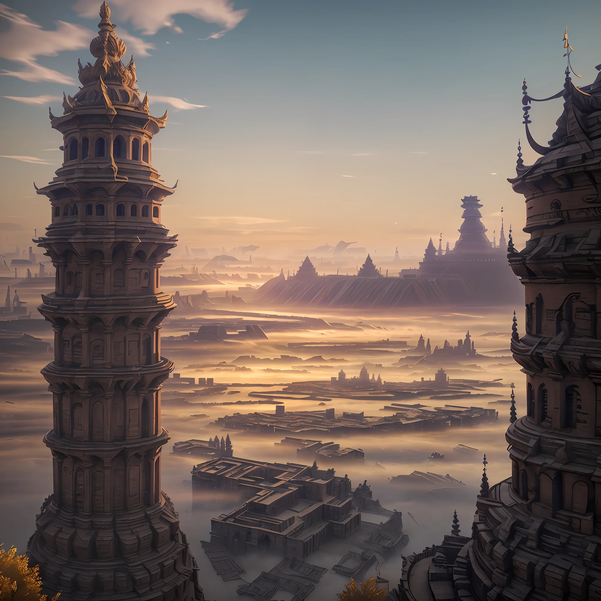 AErial shot of 5,000-year-old Indian city with Indian architecture. Ornate pillars, dozens of " intricate carvings temples spread across area large" and 100' of golden palaces, houses Spread across large area and Surrounded by a moat and a high wall. Buiit on a grid system. low fog around. 3D Game Cinematic Feel, Epic 3D Videogame Graphics, Intricately Detailed, 8K Resolution, Dynamic Lighting, Unreal Engine 5, CryEngine, Trending on ArtStation, HDR, 3D Masterpiece, Unity Render, Perfect Composition