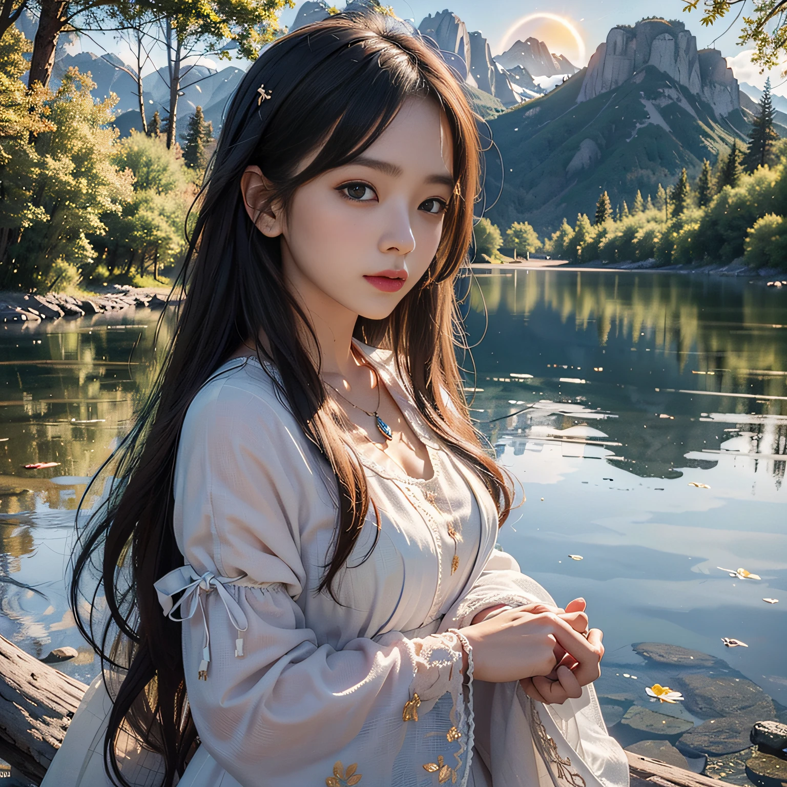 (A masterpiece) Golden eyes stared quietly, Stroll through the picturesque surroundings, White clothes fluttering, Look up at the sky, The upper body is full of strength, Gray hair is naturally scattered, Side braids flutter in the wind, Take a firm step forward。 --auto