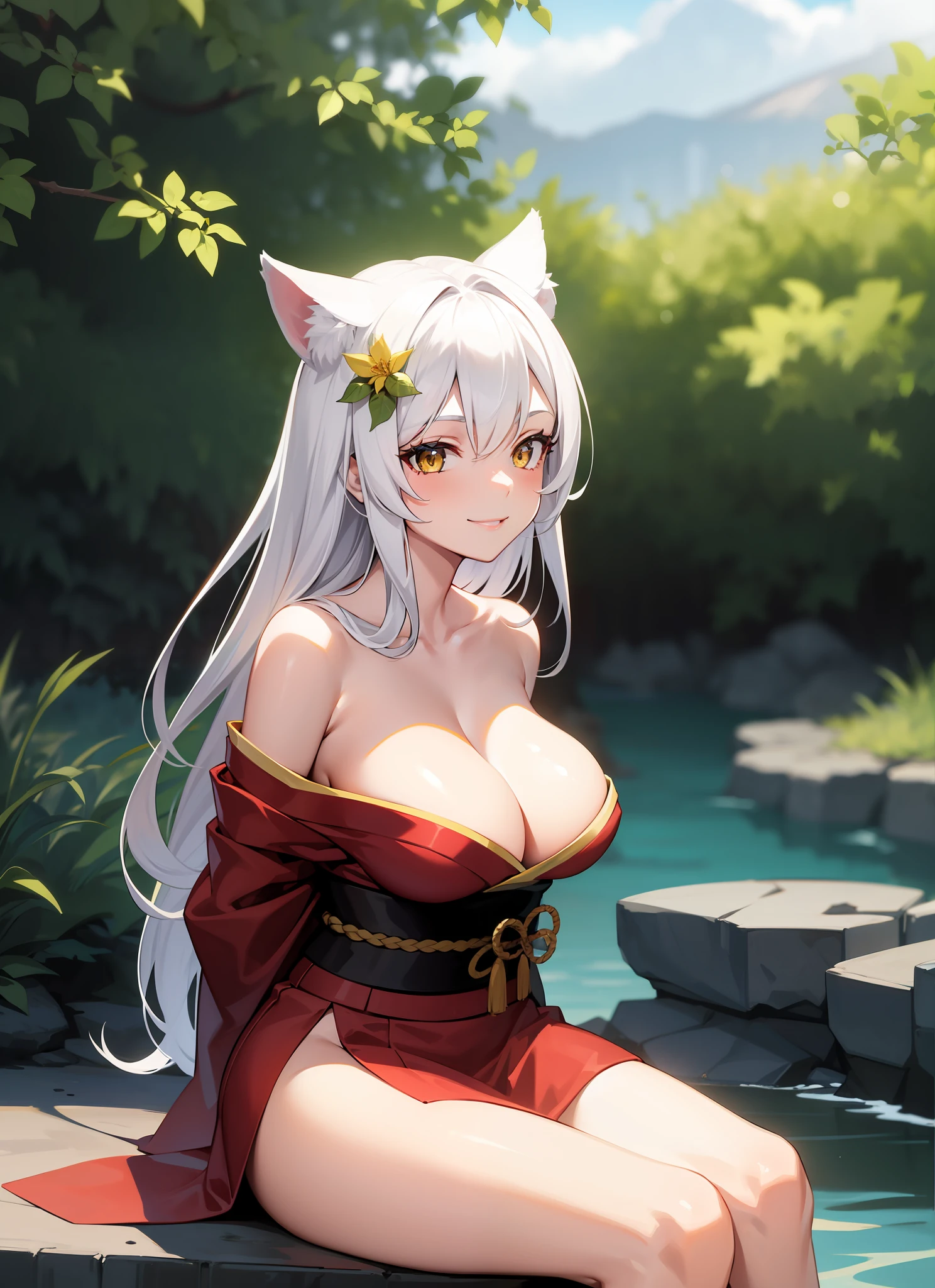 1girl, yellow eyes, long hair, white hair, sitting, red kimono, large breasts, topless, light smile, arms behind back, nature, hair ornament, animal ears,, water,
