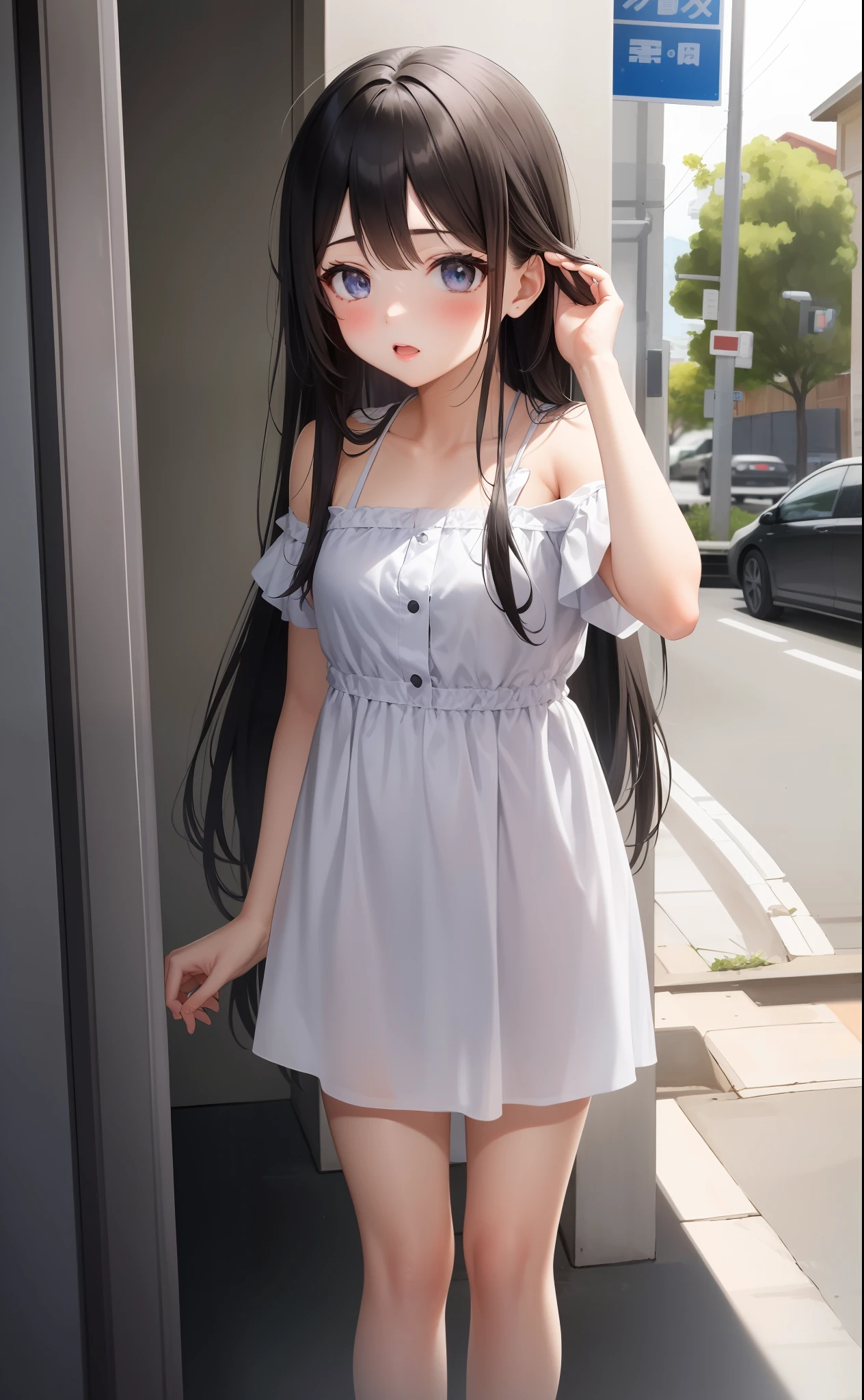1 girl with long hair and dress standing in the street,Shut your mouth in embarrassment,Blush as fire(Girl in the toilet:0.4)。