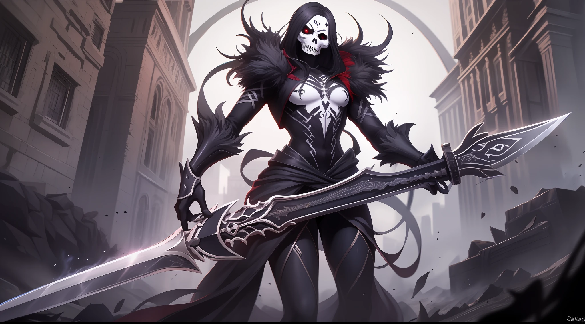 Make a giant demonic sword, com sinais de caveira, saindo aura maligna em volta dos olhos, the color of the sword is black.
