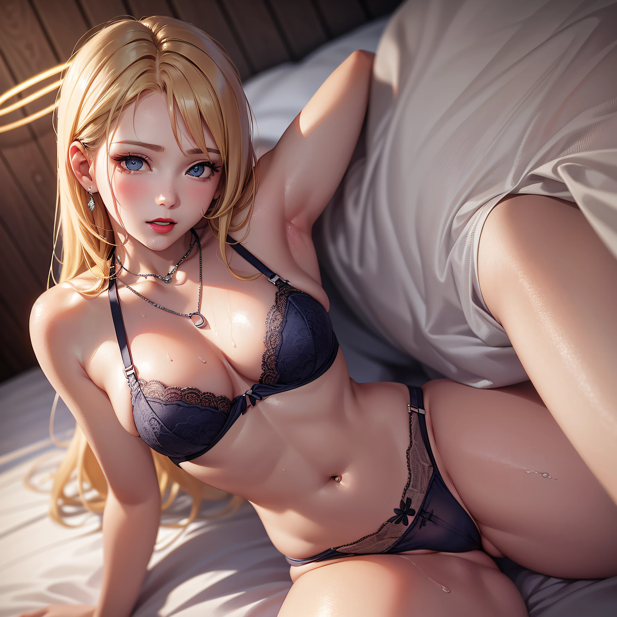 photographrealistic,(One young beautiful Russian girl, Lying on bed in sexy pose),(Wearing sexy lingerie:1.2),(Distant gaze:1.2),full accesories,Necklace,Slim waist,soft makup, Instagram (Photorealistic, High resolution:1.2), Looking at Viewer , (Cute face:1.15) (8K, Raw photo, Best Quality, masutepiece:1.2), (Realistic, Photorealsitic:1.17),(Sharp Focus:1.2), Professional Lighting, Photon mapping, Radio City, Physically-based rendering, (pale skin:1.2),(medium breasts:1.2), Blue eyes, (Blonde colored hair:1.2), Realistic, (masutepiece:1.25),(Best Quality:1.25),(Shiny skin),(Red lips, halo makeup:1.15),(skinny,Shy :1.2), Put your hands on your chest and crotch、Close your eyes and feel ecstasy、Ecstatic look、Wet with sweat all over the body、Open your legs slightly、Perfect body、tiny chest、on the beds、Sleeping on your back、Sweating all over the body、Wet crotch、Scale to dimensions、camel's toe、In the center of the screen、full body Esbian、Shot from the ceiling