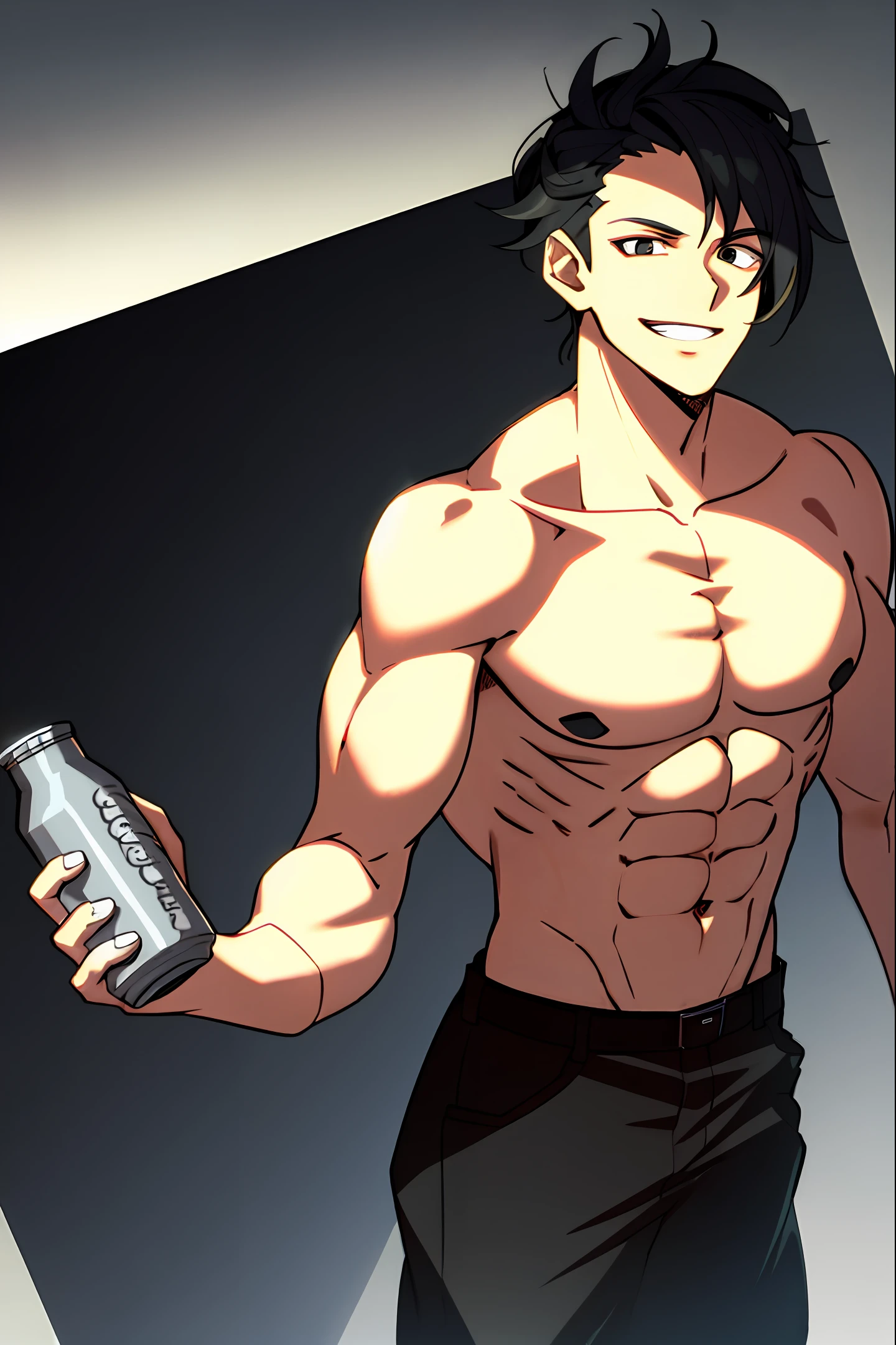 anime big breast,A tin bottle in one hand,A bold smile
A sci-fi pistol in one hand,Black hair and black eyes,Hedgehog head,Shirtless macho,Black vest