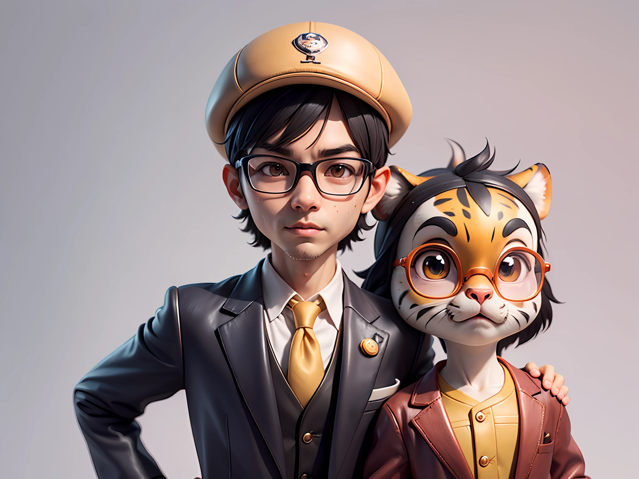 Young man with oriental face in leather hat, tiger, oriental face in formal suit, short black hair, silver glasses, digital painting, 3D character design by Mark Clairedon and Pixar and Hayao Miyazaki and Akira Toriyama, the illustration is a high-definition illustration in 4K resolution with very detailed facial features and cartoon-style visuals.